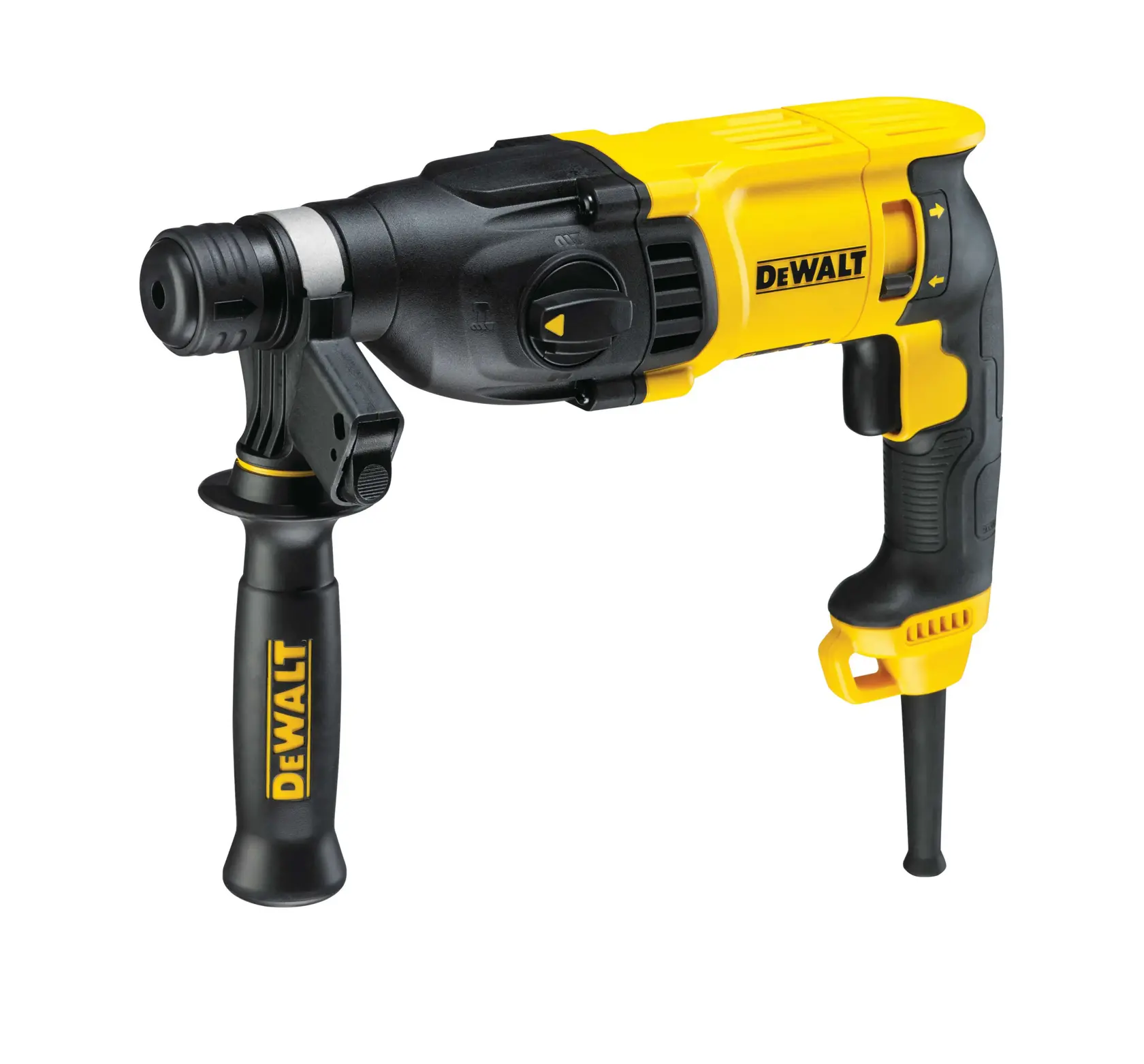 A DEWALT D25133K corded rotary hammer drill with a black and yellow design, featuring a side handle and depth gauge.
