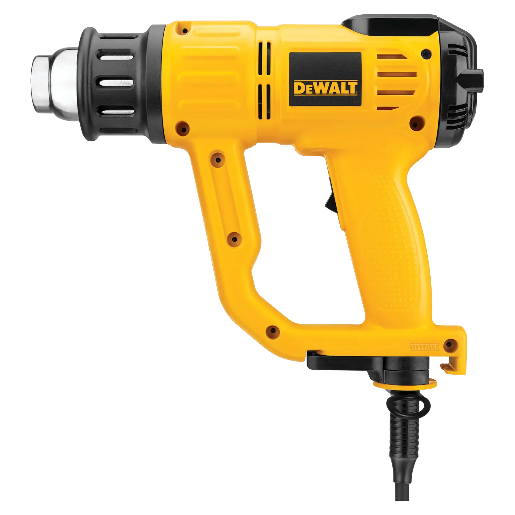 A yellow and black DEWALT heat gun with a cord, featuring a robust handle and a metal nozzle.