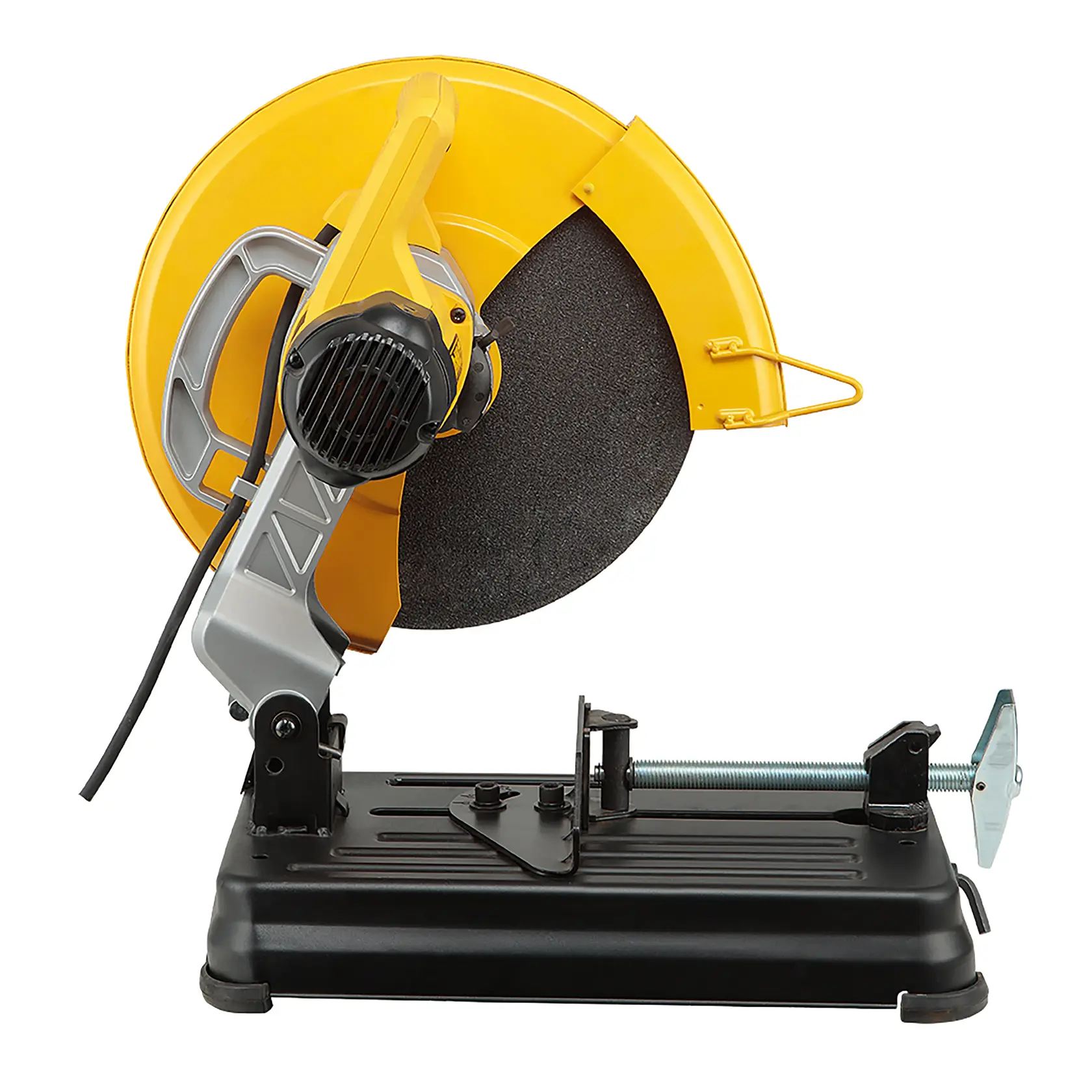 A worker wearing a safety helmet and reflective vest is operating a DEWALT D28730 metal cutting saw, producing sparks as it cuts through metal pipes in an industrial warehouse.