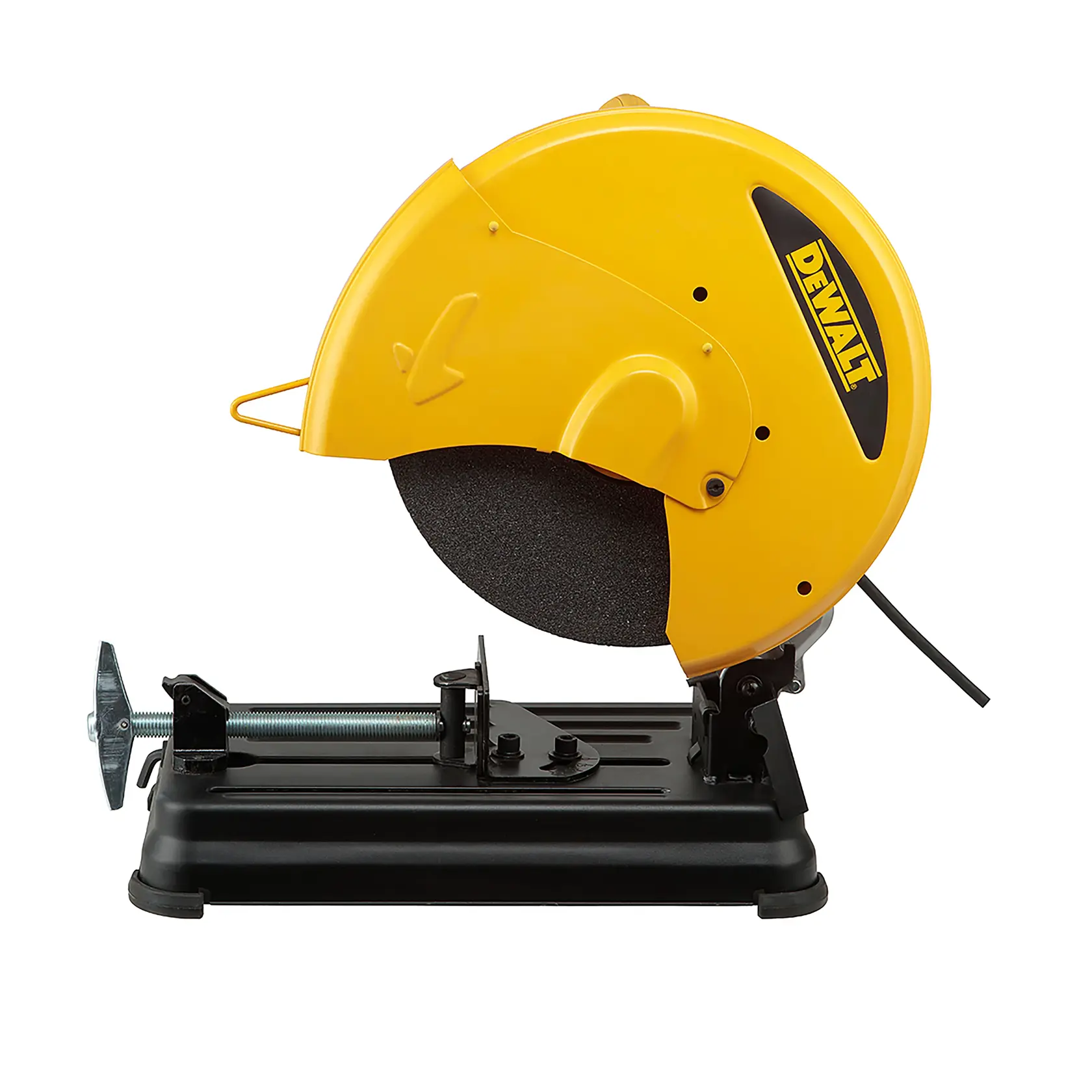 A worker wearing a high-visibility vest and helmet uses a DEWALT D28730 metal cutting chop saw to cut a metal bar, generating sparks in an industrial environment with stacks of metal beams.