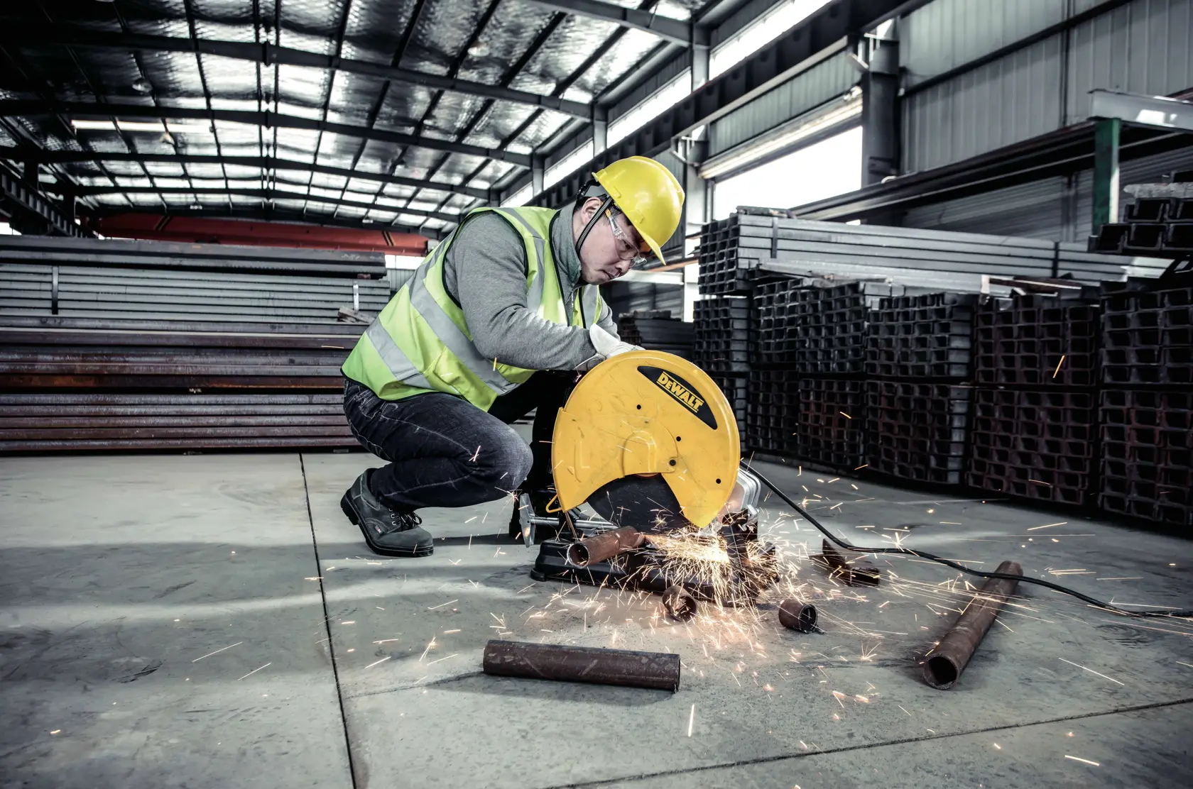 A worker wearing a reflective safety vest and yellow hard hat uses a DEWALT D28730 power tool to cut metal bars in an industrial warehouse. Sparks are visible as the tool operates, and stacks of metal materials are arranged in the background.
