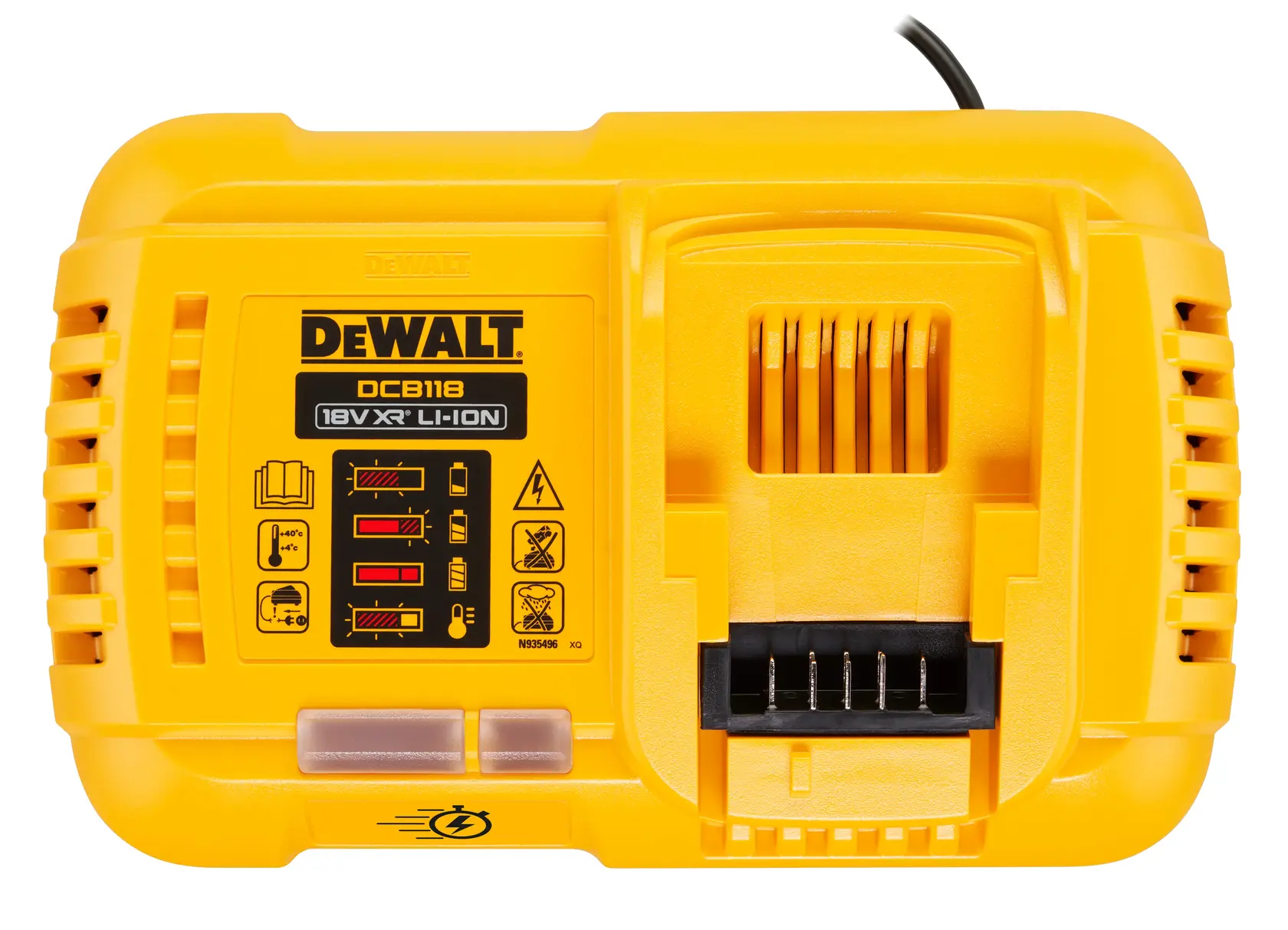 Photo of DEWALT battery charger, front view, SKUs DCB118XY2T-QW, DCB118, DCB118XY2-QW, DCB118-B1, yellow plastic.