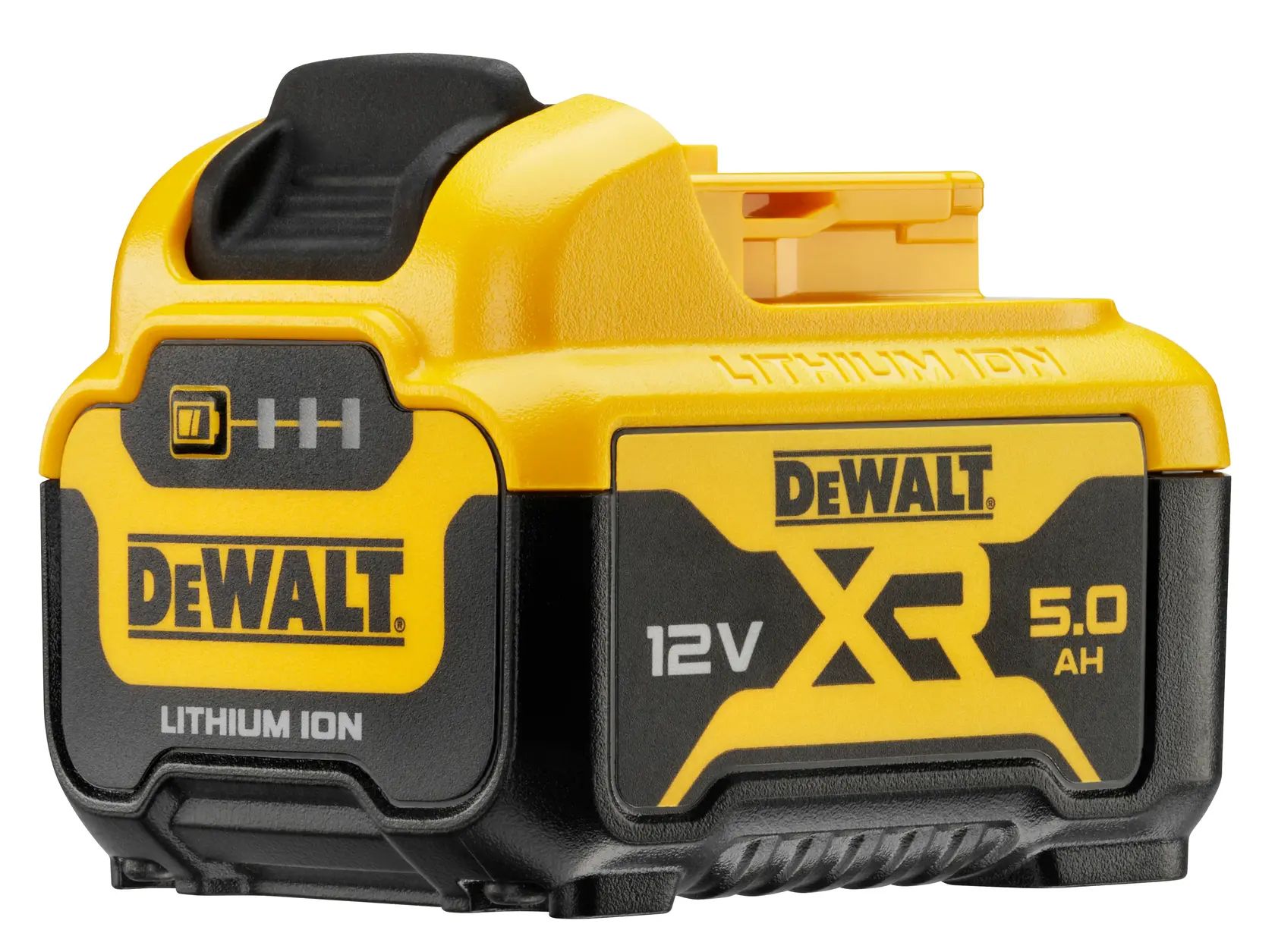 Photo of DEWALT 12V XR Lithium Ion battery 5.0Ah, SKU DCB126, front angle, yellow and black casing.