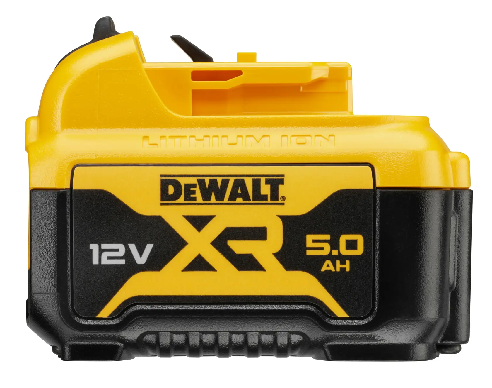 Front view of DEWALT 12V XR 5.0Ah lithium-ion battery DCB126, yellow and black, on white background.