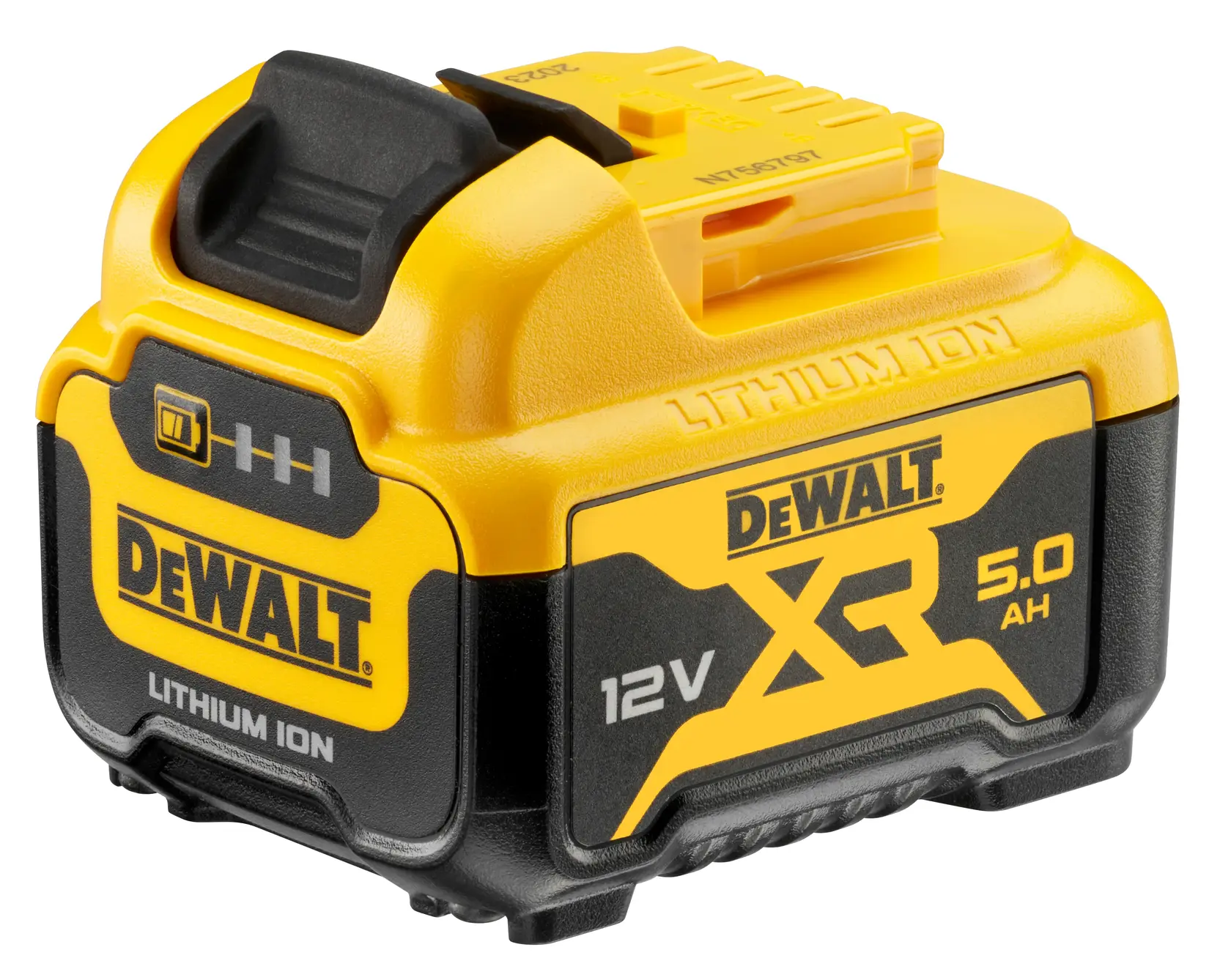 Photo of DEWALT DCB126 12V XR Lithium Ion 5.0Ah battery, close-up angled view, yellow and black casing.