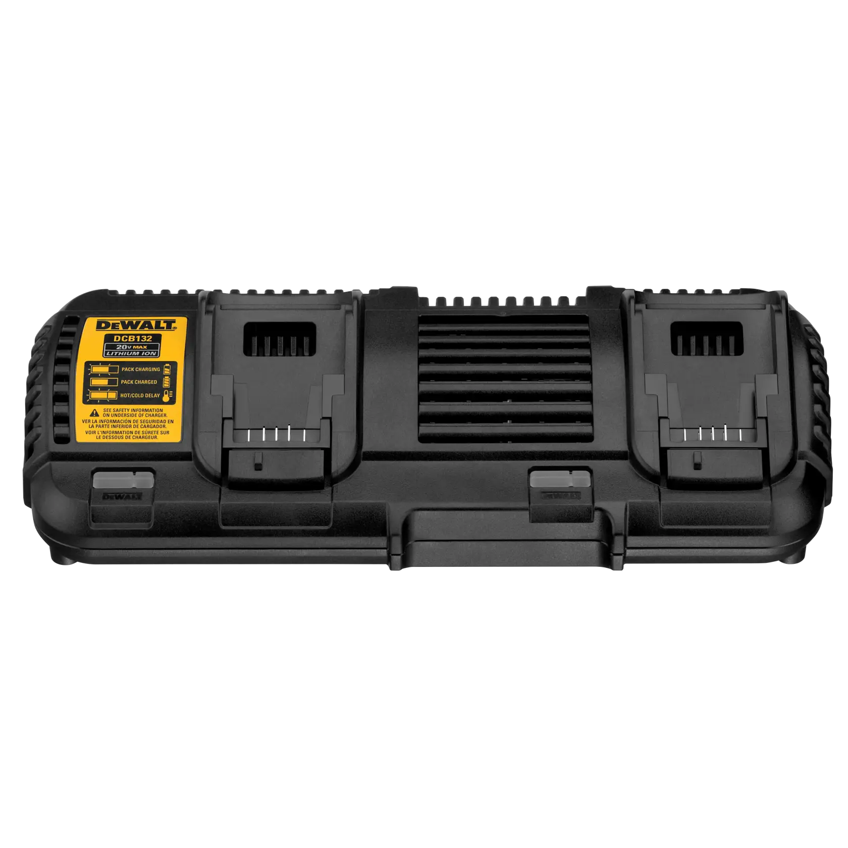 Photo of DEWALT DCB132 dual port battery charger, black, front view with yellow label, power tool accessory.
