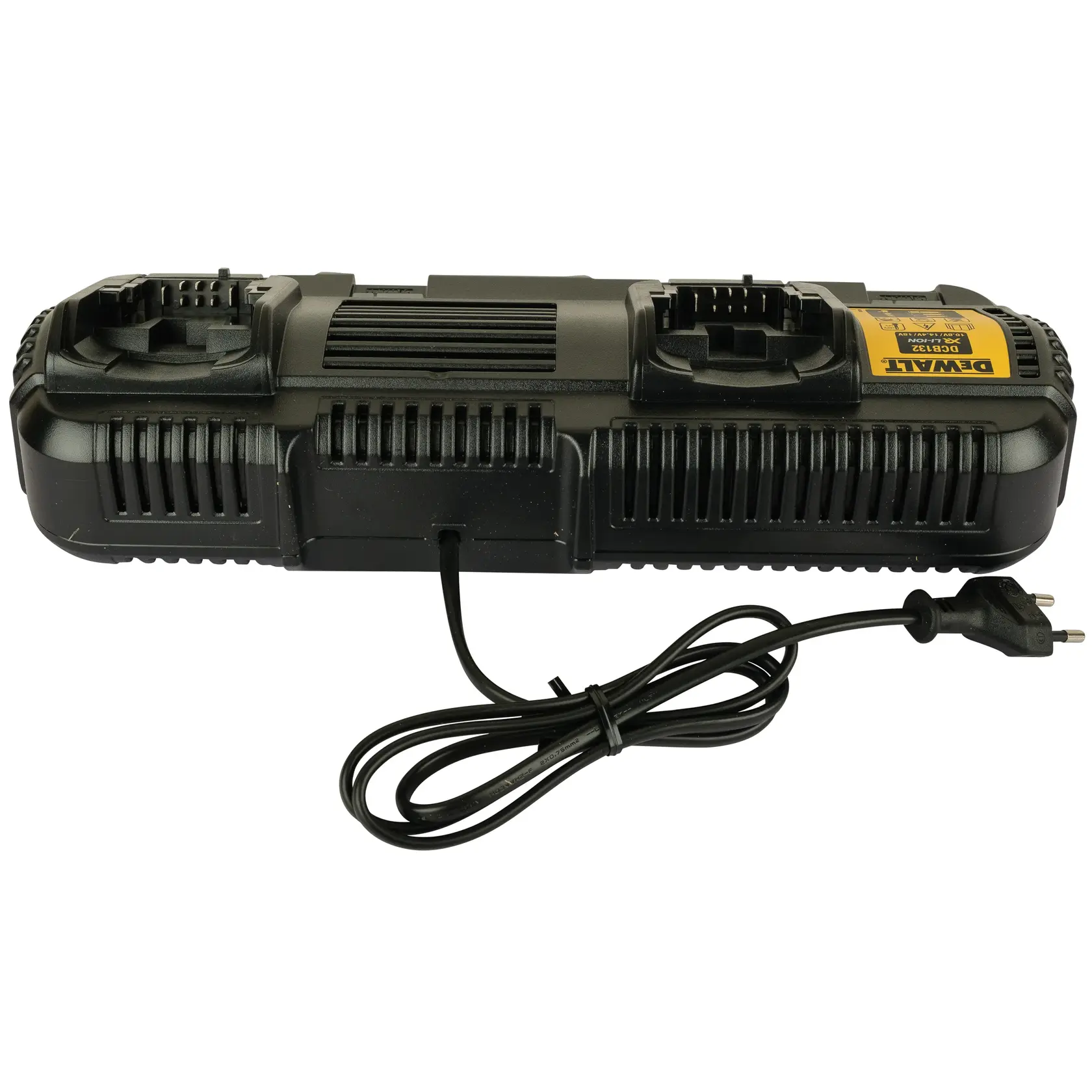 Photo of DEWALT DCB132 dual port battery charger, black with yellow label, front angle, power cord visible.