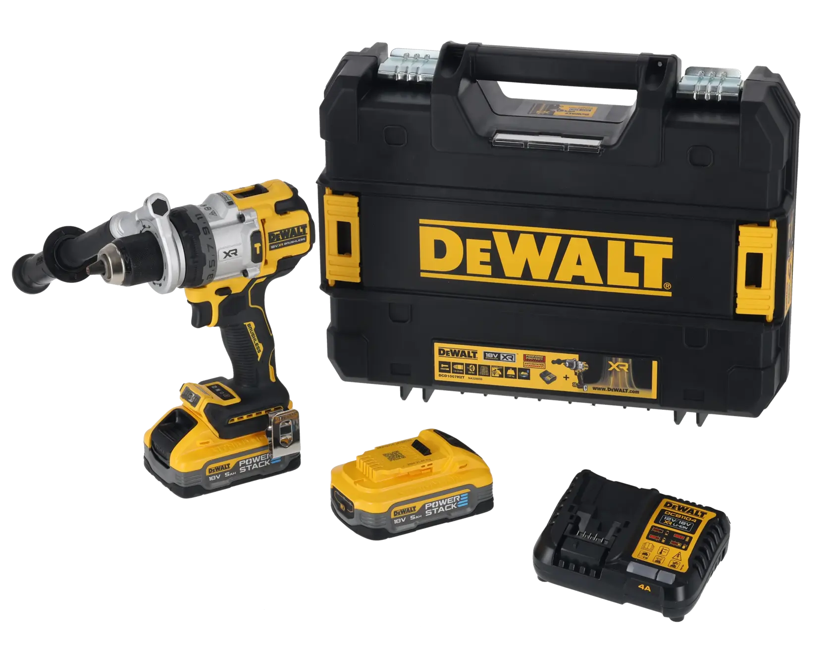 A DEWALT cordless power drill set, including a yellow and black drill with a detachable handle, two rechargeable batteries, a battery charger, and a sturdy carrying case labeled with DEWALT branding.
