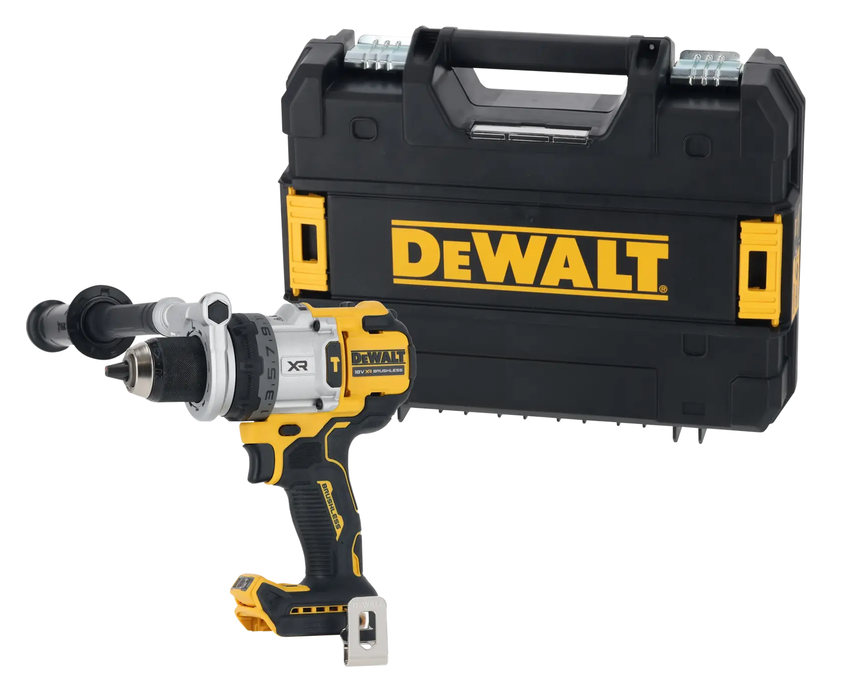 A DEWALT cordless power drill with a side handle, placed in front of a black and yellow DEWALT hard carrying case.