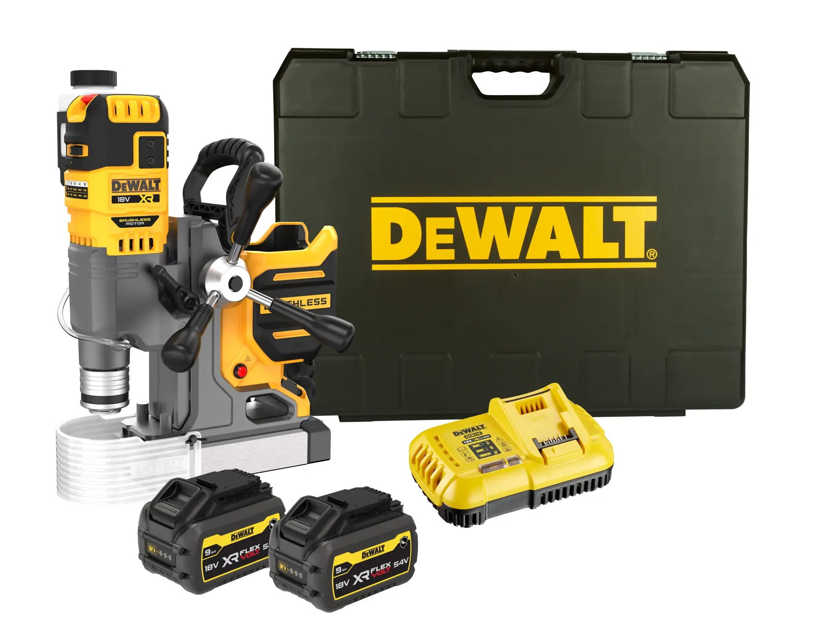 DEWALT magnetic drill kit including a yellow and black cordless magnetic drill, two XR FLEXVOLT 18V/54V batteries, a charger, and a hard carrying case with the DEWALT logo.