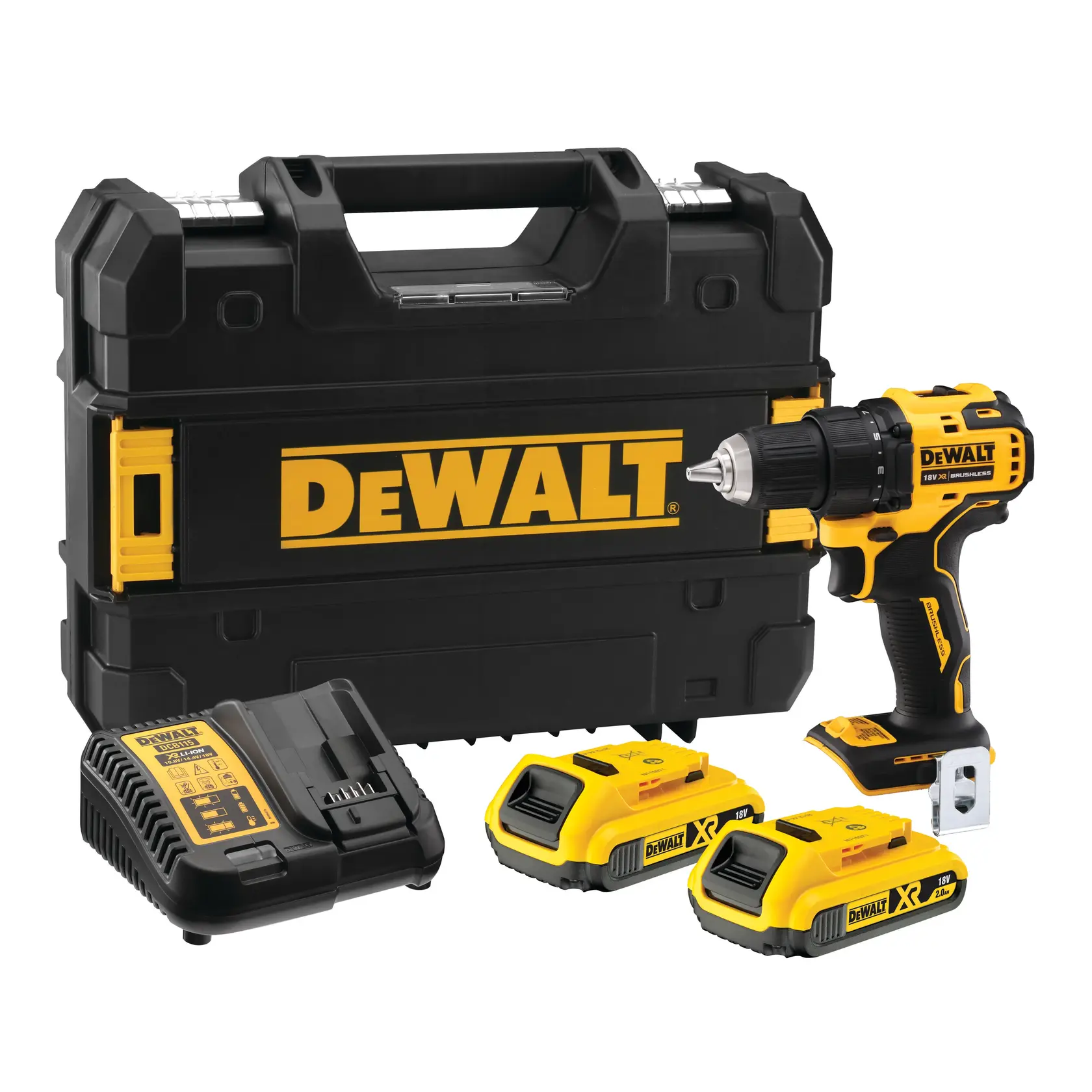 DEWALT DCD708D2 cordless drill set with hard case, charger, and two batteries, front angle on white background.