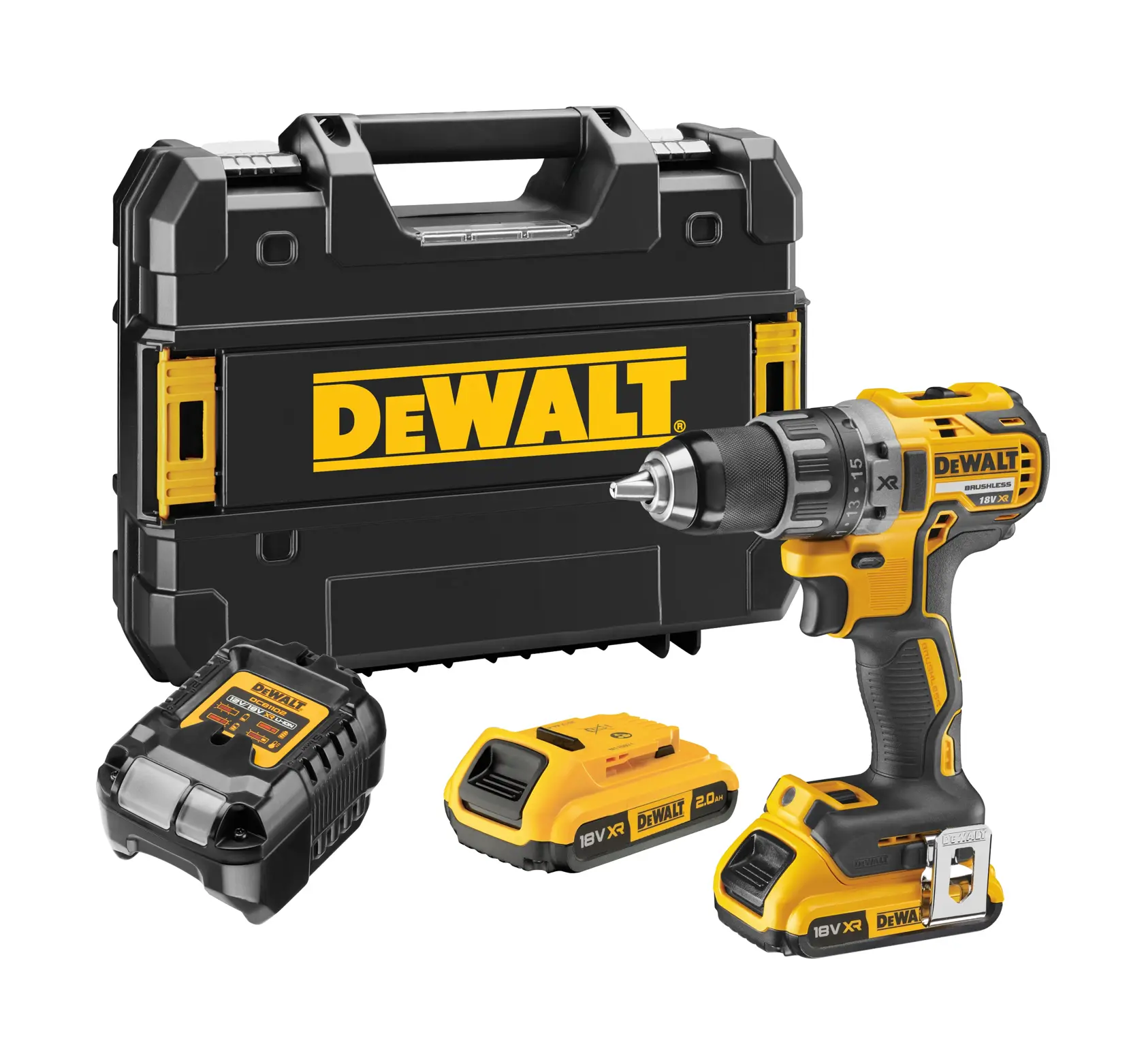 A DEWALT cordless drill kit including a yellow and black cordless drill, two rechargeable battery packs, a charger, and a carrying case with the DEWALT logo.