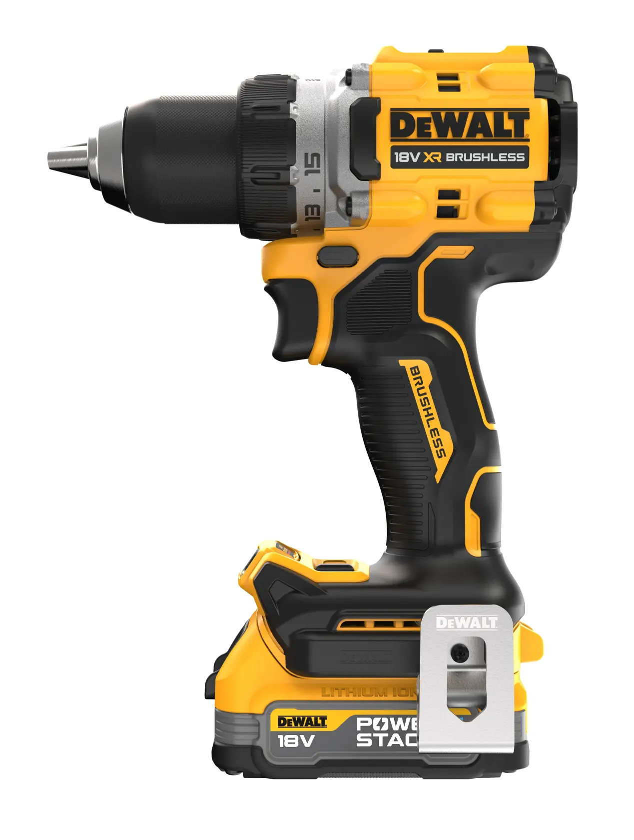 18V XR hiiliharjaton porakone, 2 x POWERSTACK Compact -akku