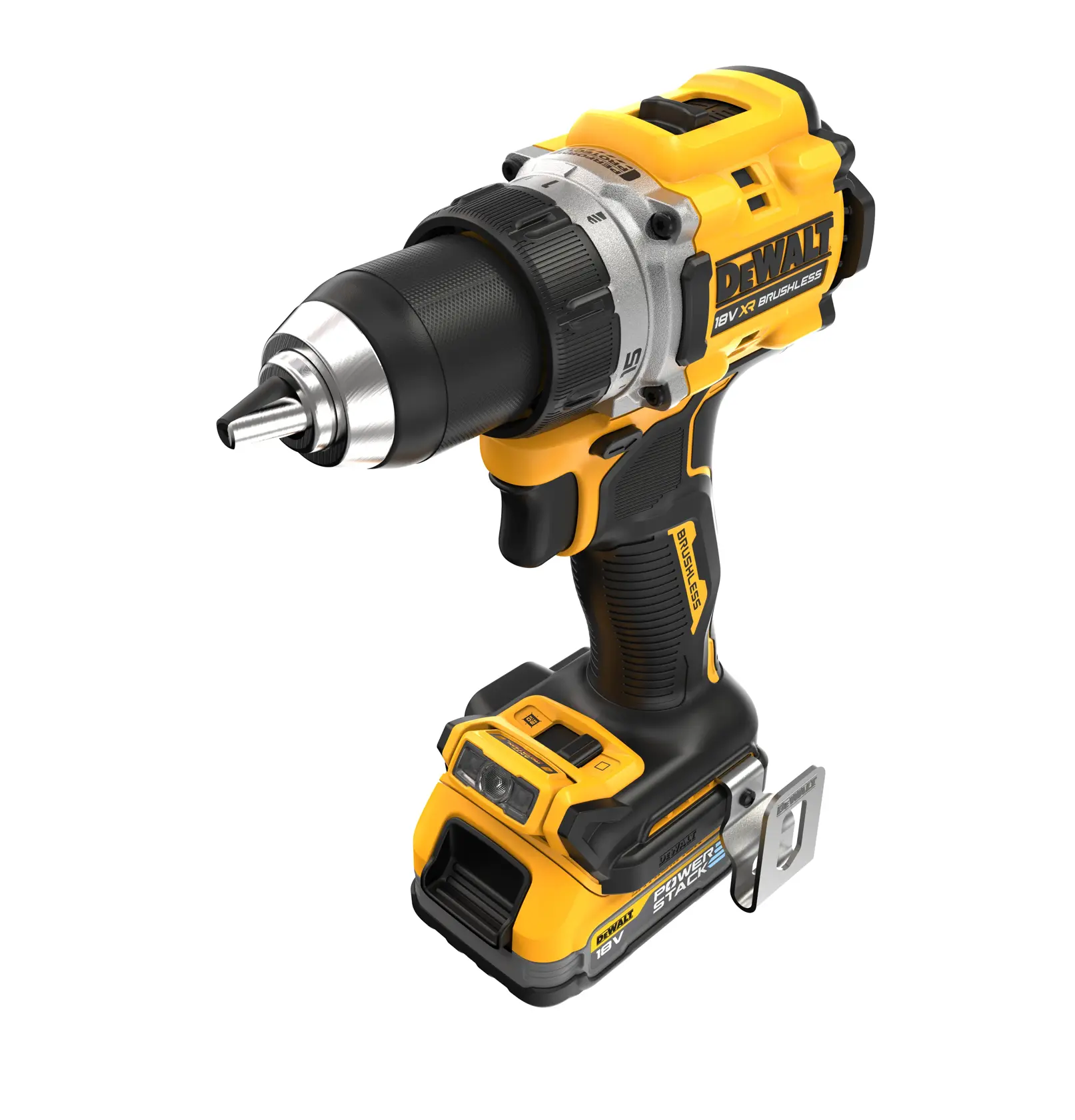 18V XR hiiliharjaton porakone, 2 x POWERSTACK Compact -akku