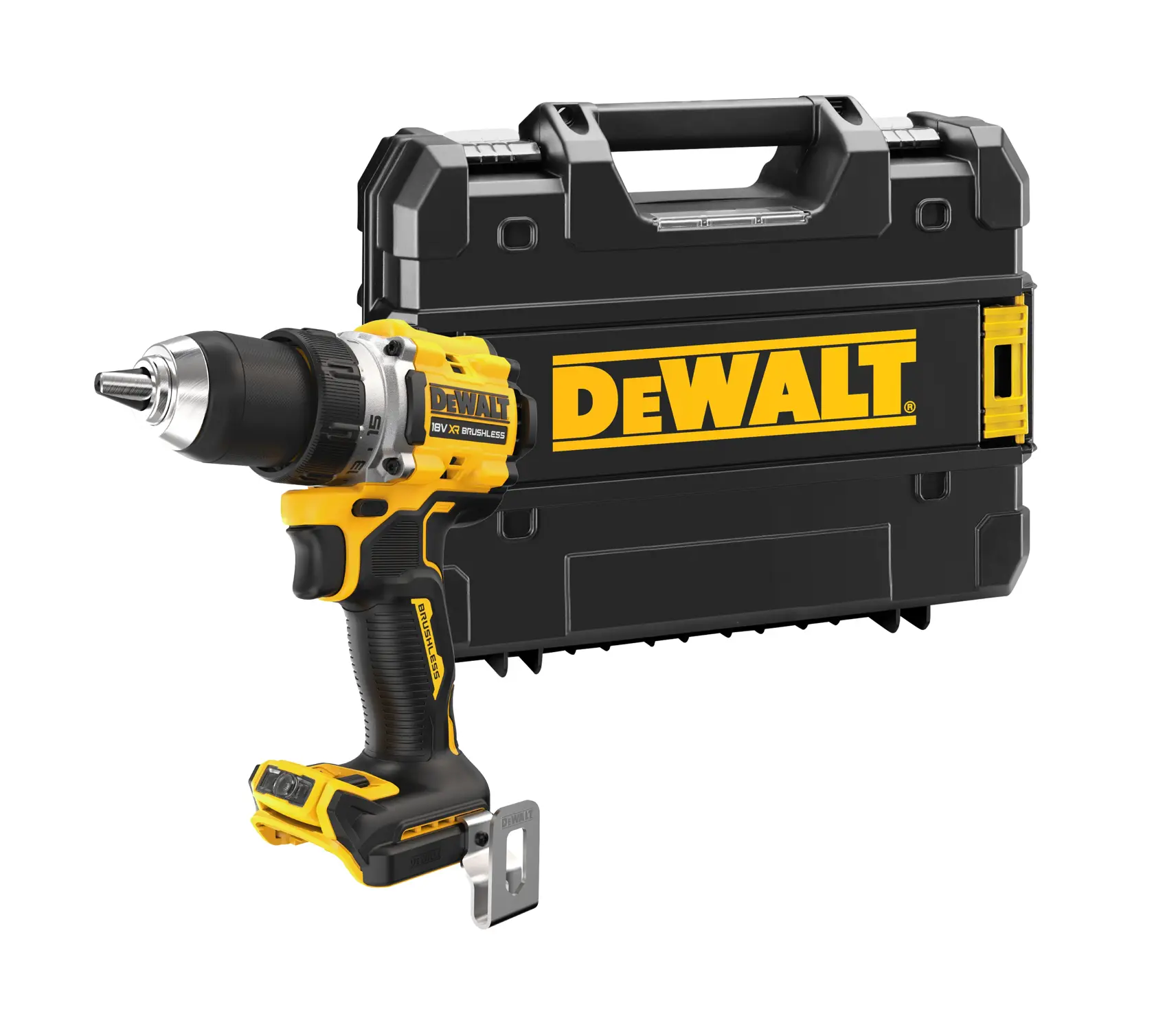 A DEWALT cordless drill with a black and yellow body, shown in front of a sturdy black carrying case with a large DEWALT logo.