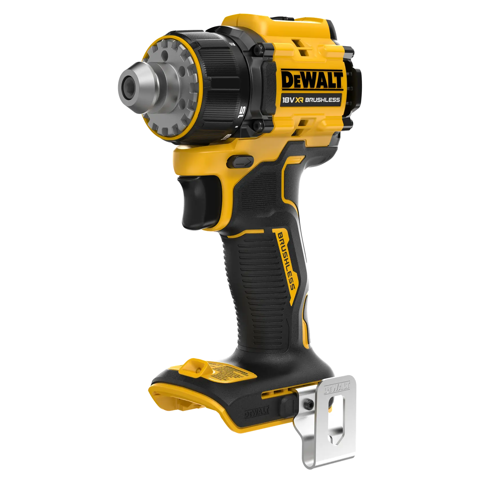 DEWALT DCD803N 18V XR brushless cordless drill, black and yellow, side view on white background.