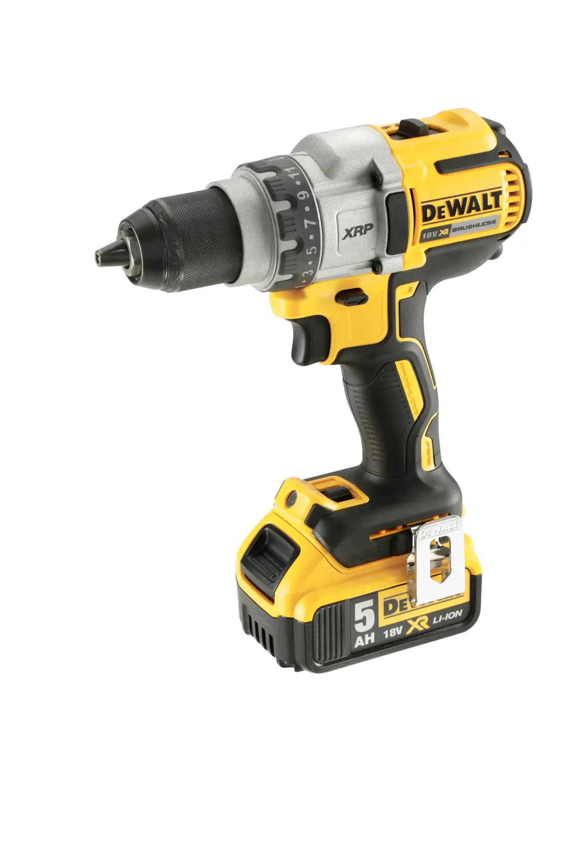 A DEWALT cordless power drill with a yellow and black design, featuring an 18V XR lithium-ion battery and a metal belt clip.