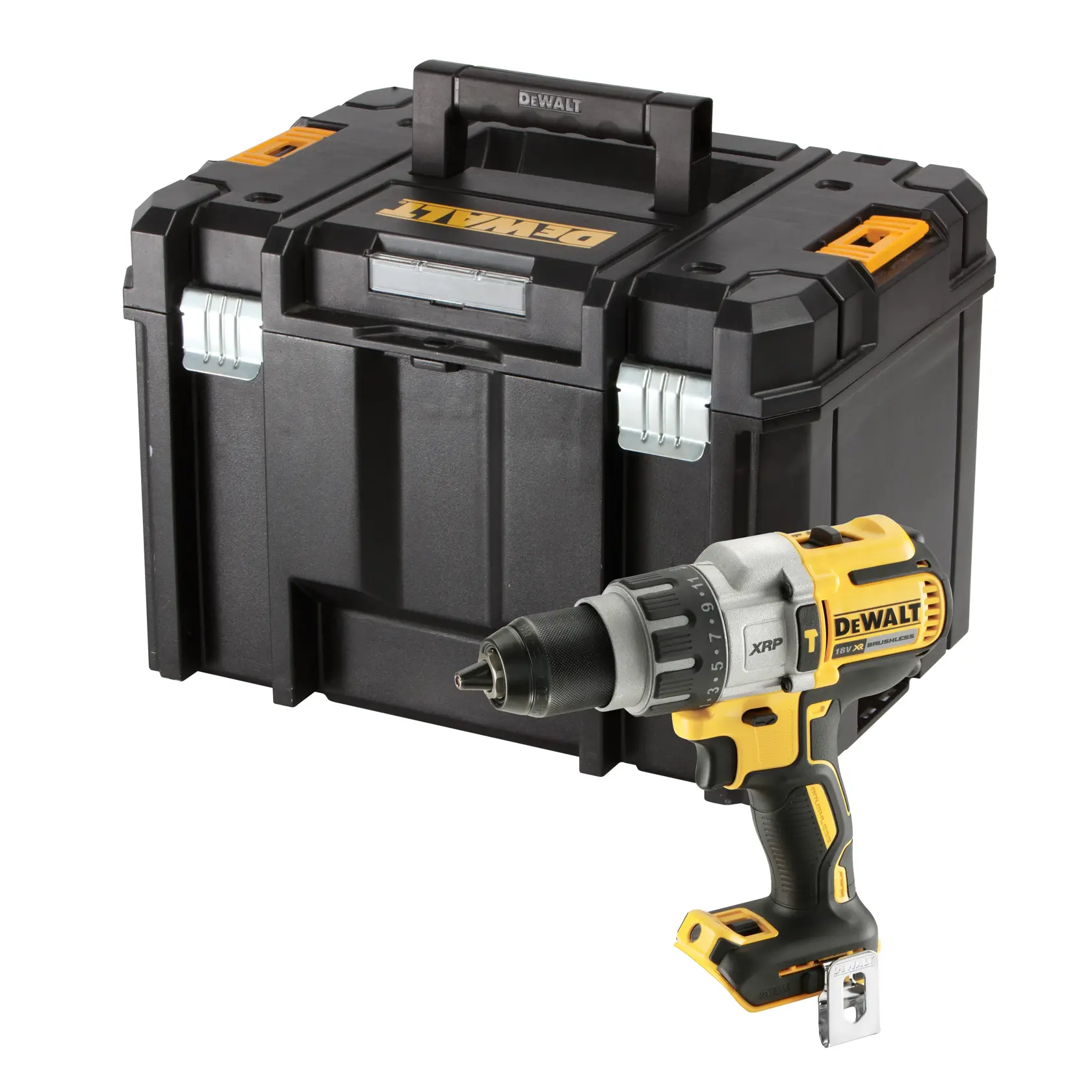 A DEWALT cordless drill and a sturdy black DEWALT tool storage box, both prominently featuring the yellow DEWALT branding.