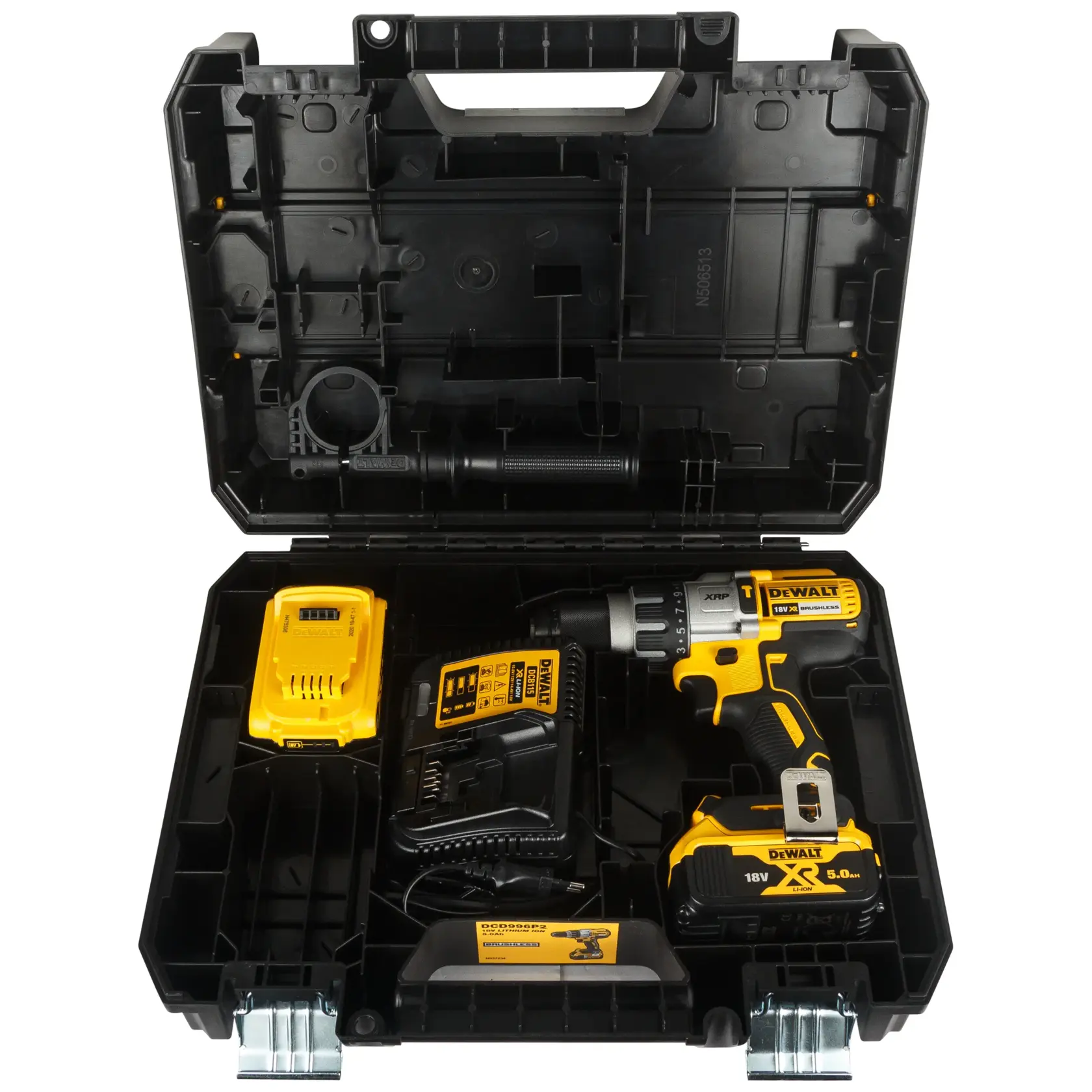 A DEWALT DCD996P2 cordless drill set in a black hard plastic carrying case, including an 18V XR brushless drill, battery, charger, and handle accessory.
