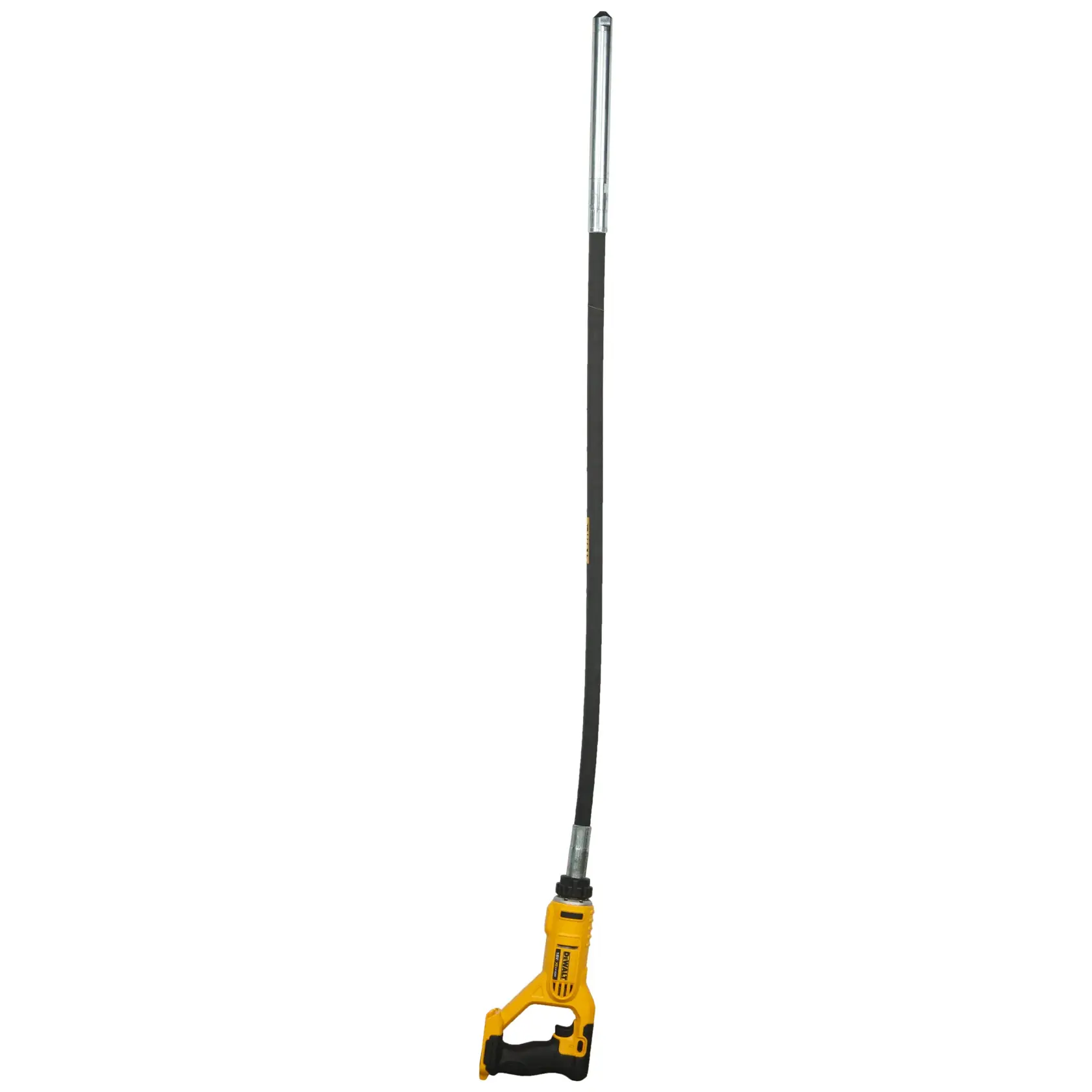 A DEWALT cordless concrete vibrator tool with a long flexible shaft, yellow and black in color, displayed against a white background.