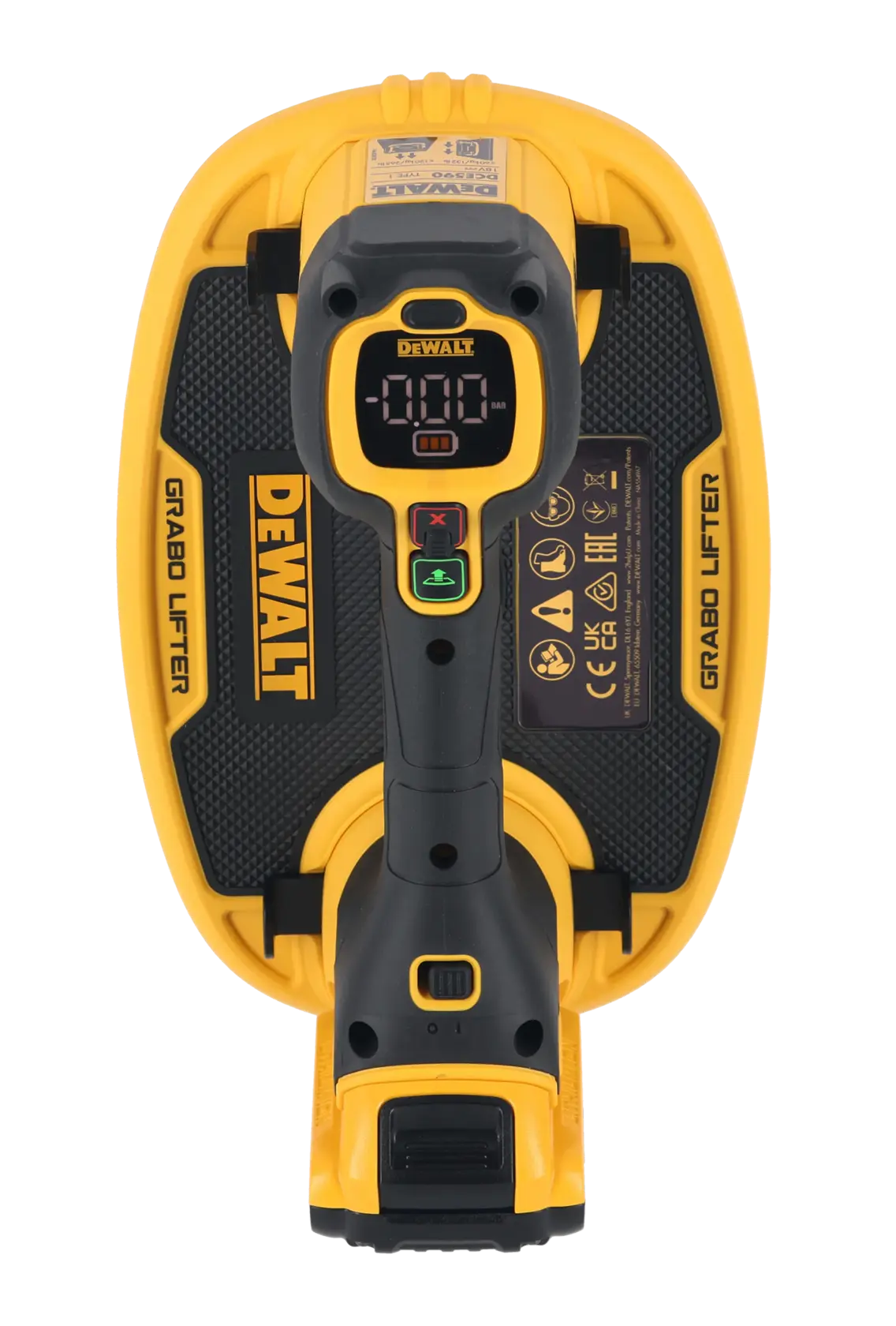Top view of a DEWALT Grabo Lifter, a yellow and black handheld tool designed for lifting and handling materials with a suction mechanism, featuring a digital display and control buttons.