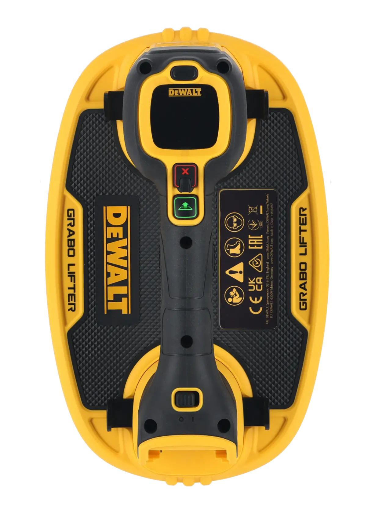 A DEWALT branded Grabo Lifter tool, featuring a yellow and black design with a handle, control buttons, and safety markings. The product is viewed from above.