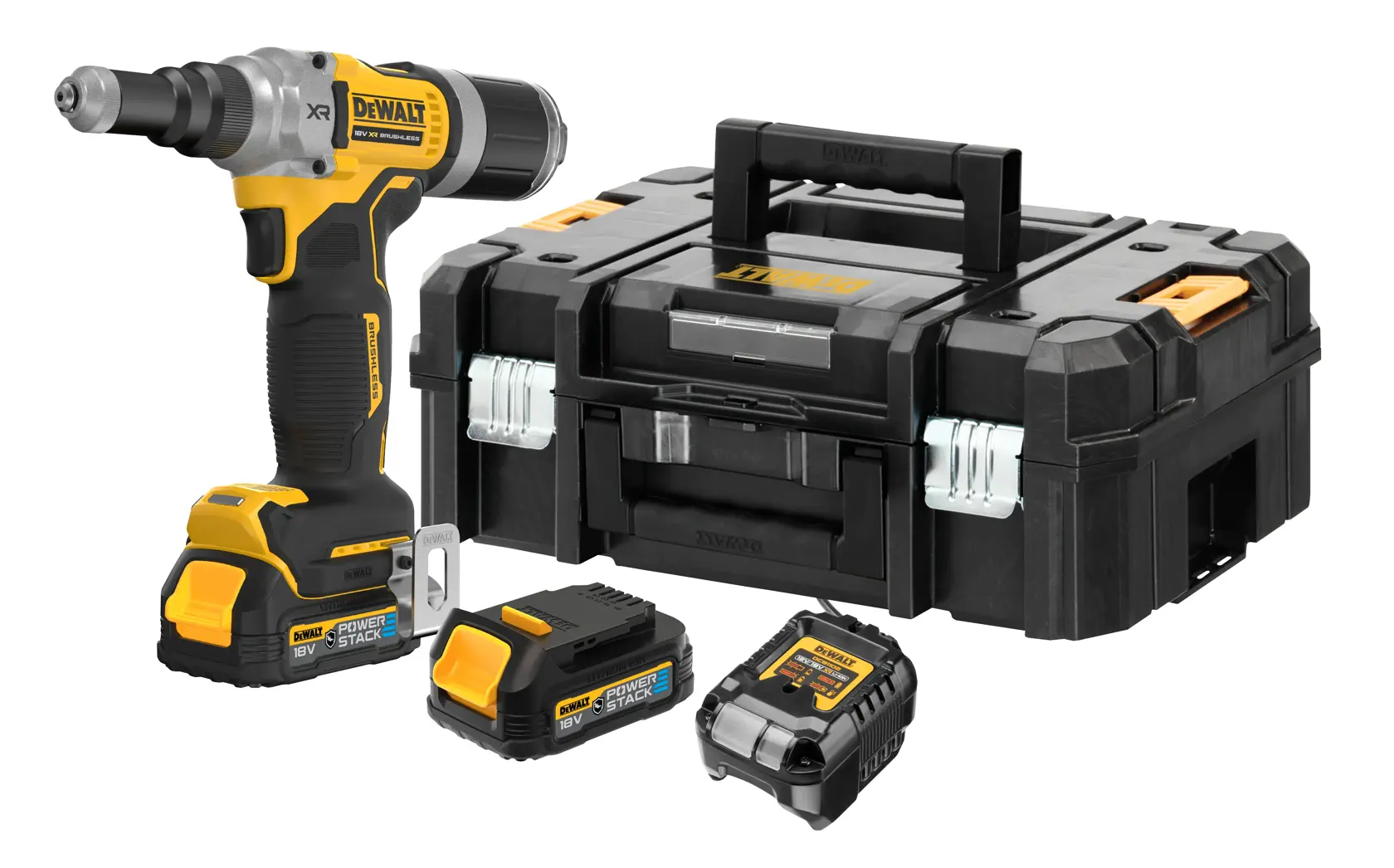 18V XR BRUSHLESS 6.4mm Rivet Tool, 2x G-Class POWERSTACK compact batteries, DCB1102 XR charger and TSTAK kitbox