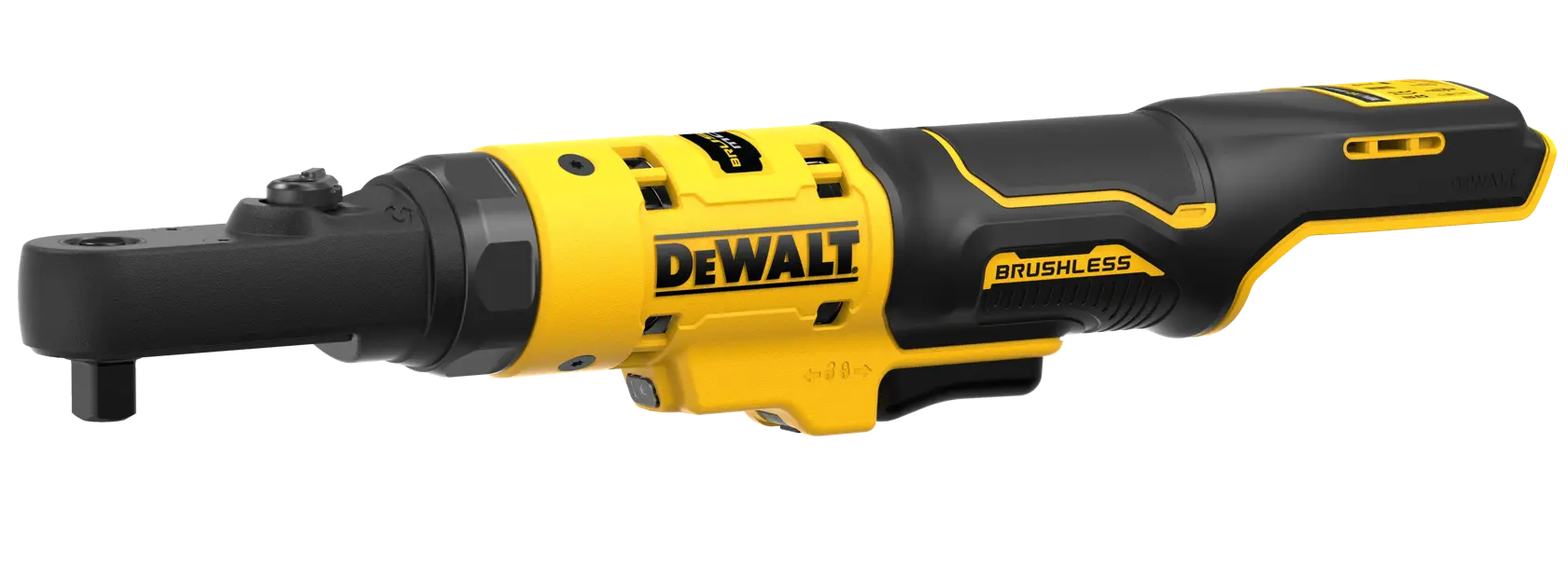 A DEWALT cordless brushless ratchet tool with a black and yellow design, shown against a white background.