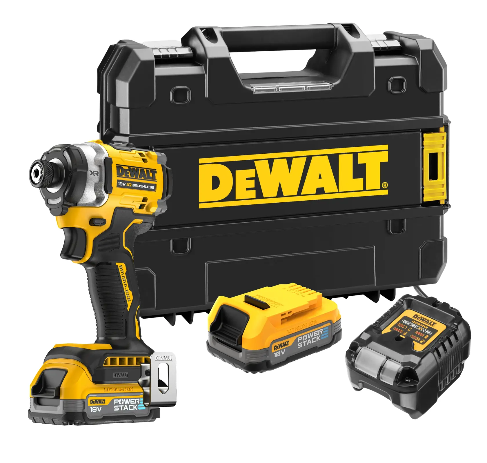 DEWALT cordless power impact driver kit including a yellow and black 18V brushless impact driver, two POWERSTACK batteries, a charger, and a sturdy carrying case.