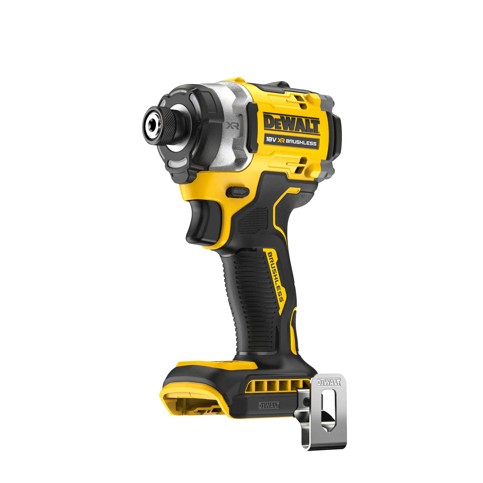 A DEWALT 18V XR brushless cordless impact driver tool with yellow and black design, shown standing upright against a white background.
