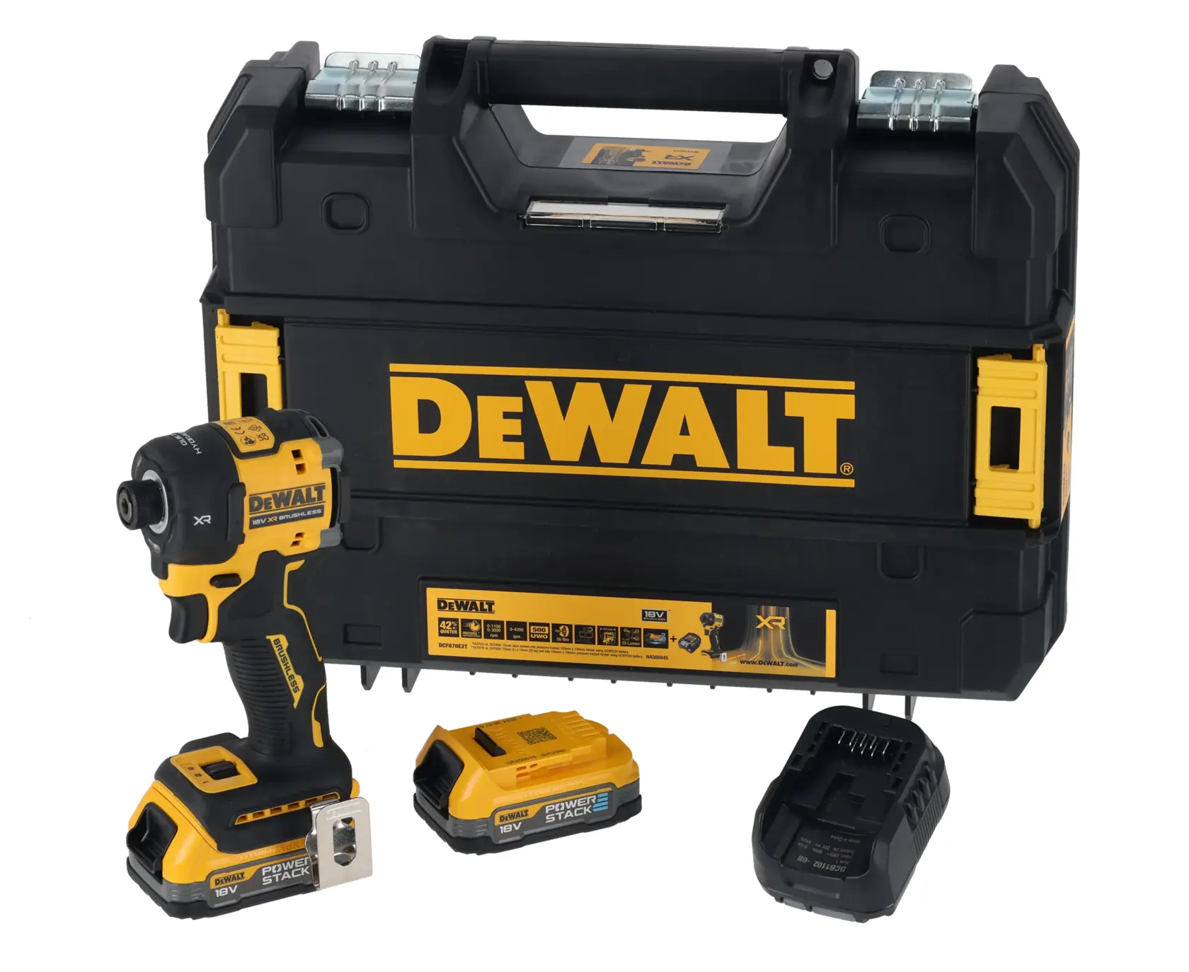 DEWALT cordless impact driver kit including a black and yellow impact driver, a sturdy carrying case with DEWALT branding, two 18V Powerstack batteries, and a charger.