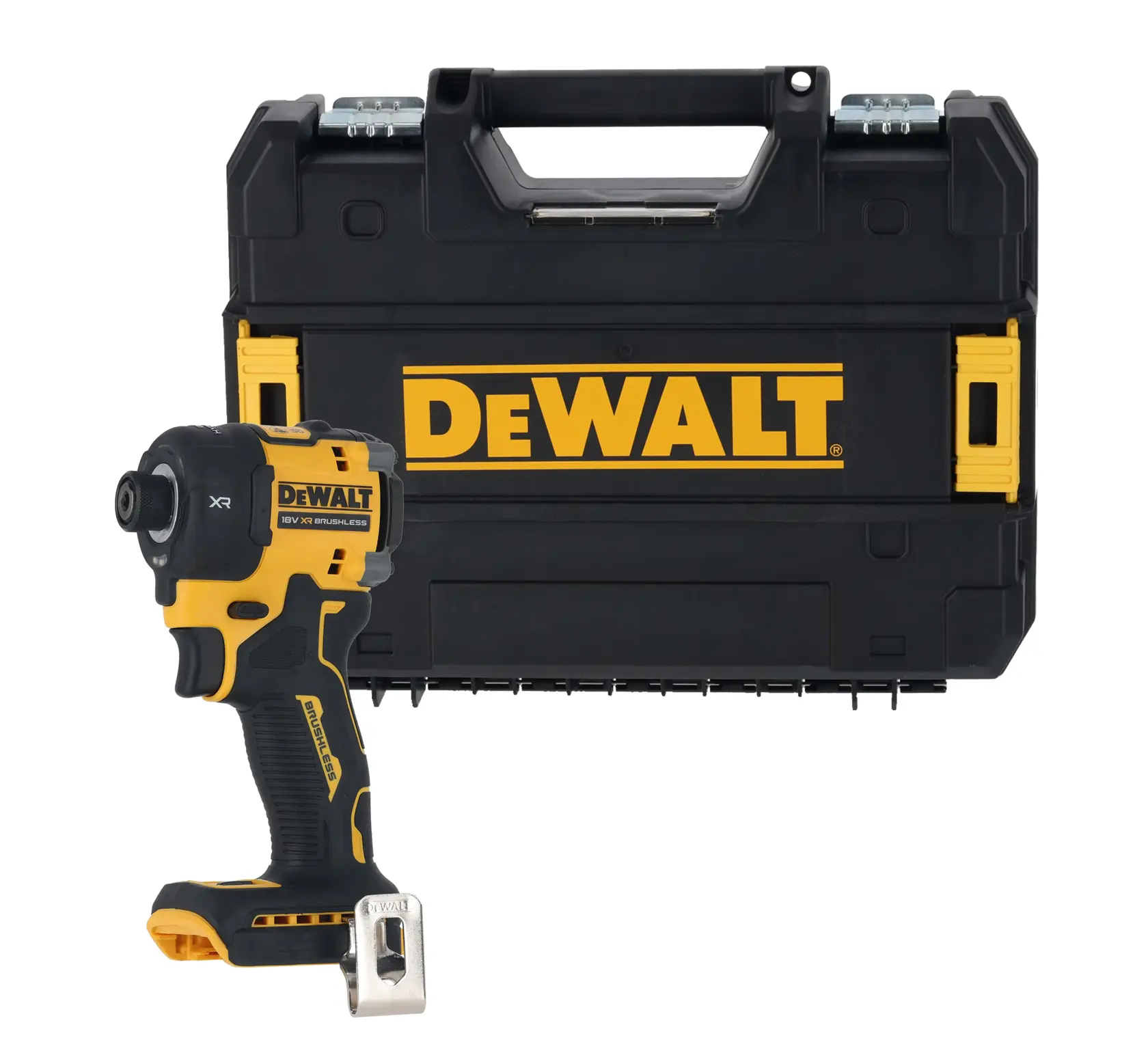 A DEWALT cordless impact driver with a black and yellow design, shown in front of a large DEWALT-branded black carrying case with yellow accents.