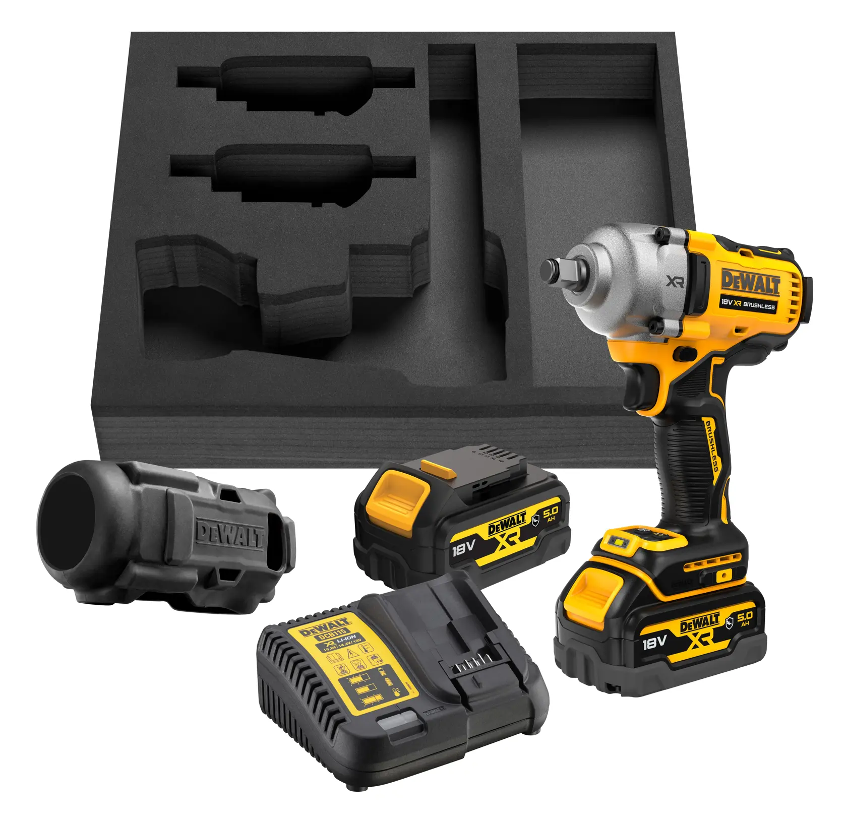 DEWALT 18V XR cordless impact wrench kit including the impact wrench, two 5.0 Ah lithium-ion batteries, a battery charger, a protective case, and a custom black foam insert.