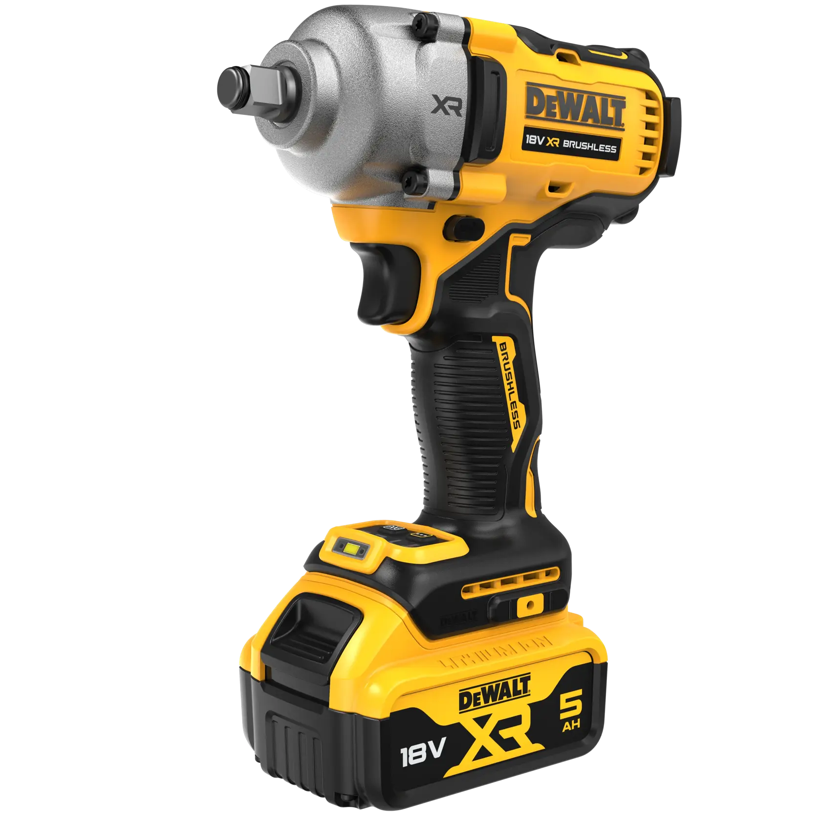 A DEWALT 18V XR brushless impact wrench with a 5 Ah lithium-ion battery. The tool is shown standing upright, featuring a yellow and black design, and labelled with the DEWALT logo.