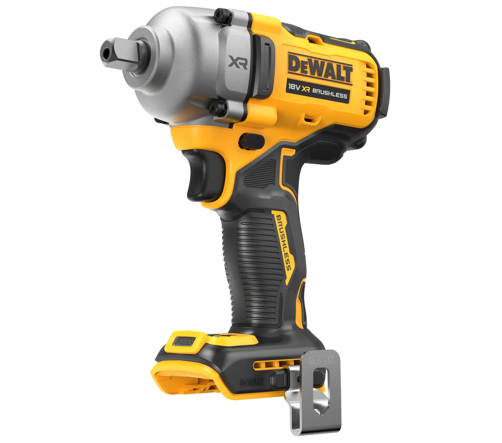 A DEWALT 18V XR Brushless cordless impact wrench, model DCF892N. The tool is yellow and black with a silver head and features a compact ergonomic design with a metal belt clip.
