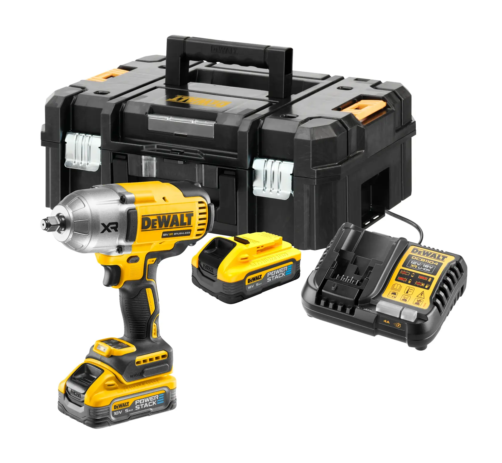 18V XR Brushless Impact Wrench, Powerstack battery, charger and Tstak case on white background