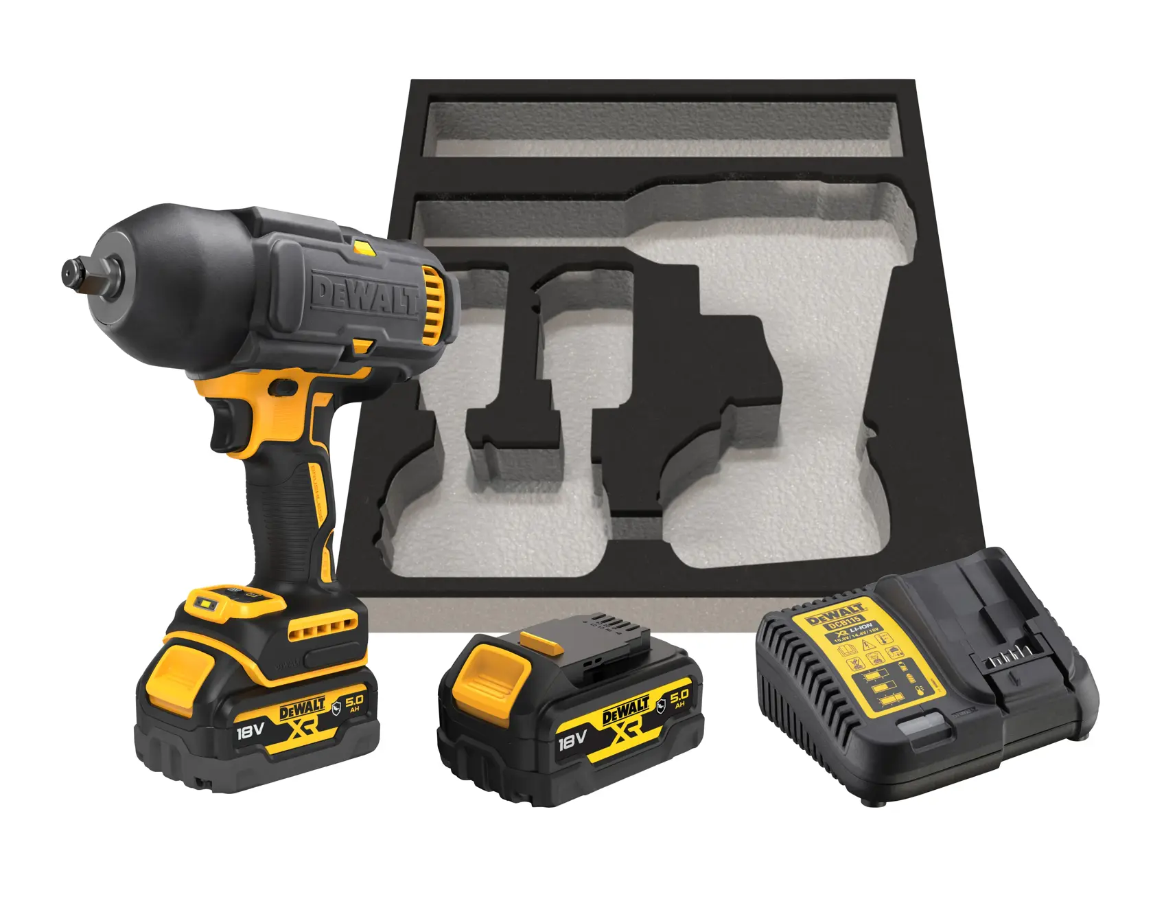 DEWALT cordless impact wrench set including an 18V power tool, two rechargeable batteries, a battery charger, and a custom foam tool organizer.