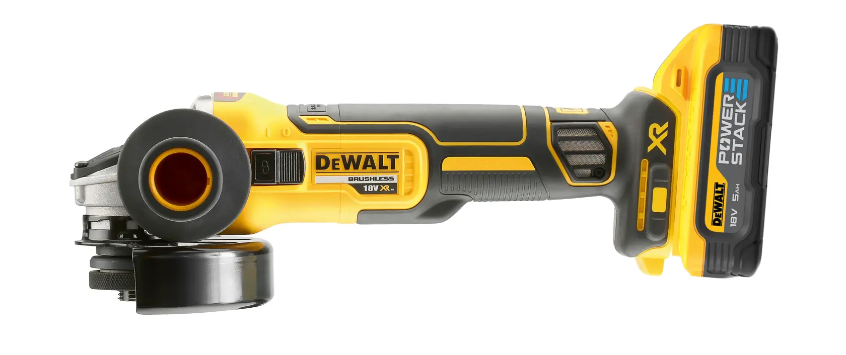 DEWALT 18V cordless angle grinder with brushless motor, shown with POWERSTACK battery.