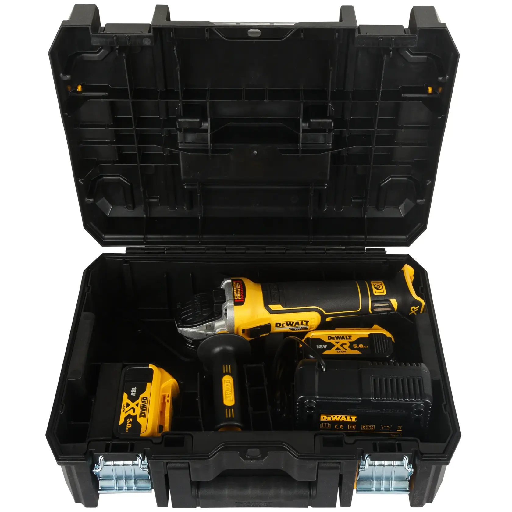 A black hard case containing a DEWALT cordless angle grinder set, including the yellow and black angle grinder tool, two 18V batteries, and a charger.
