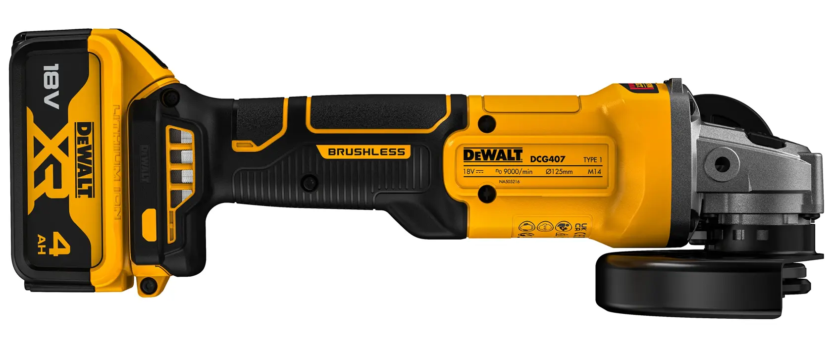 18V XR hiiliharjaton 125 mm kulmahiomakone, 2 x 4,0 Ah