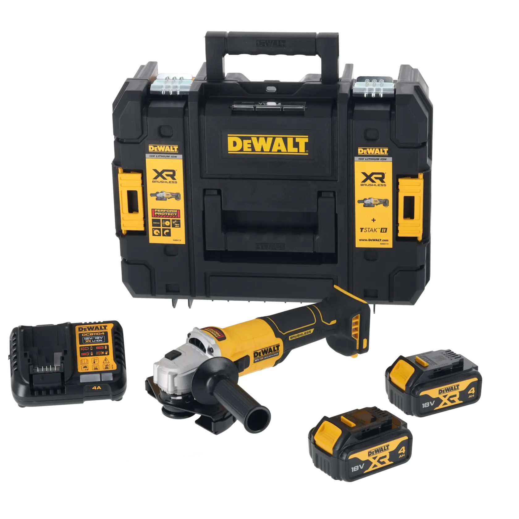 A DEWALT cordless angle grinder set including a black and yellow storage case, a battery charger, two 18V XR batteries, and the angle grinder tool. All items are arranged neatly and feature DEWALT branding.