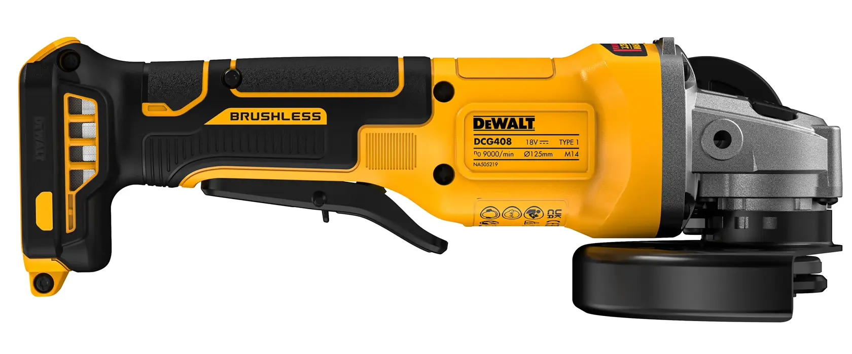 18V XR hiiliharjaton 125 mm kulmahiomakone painokytkimellä, runko