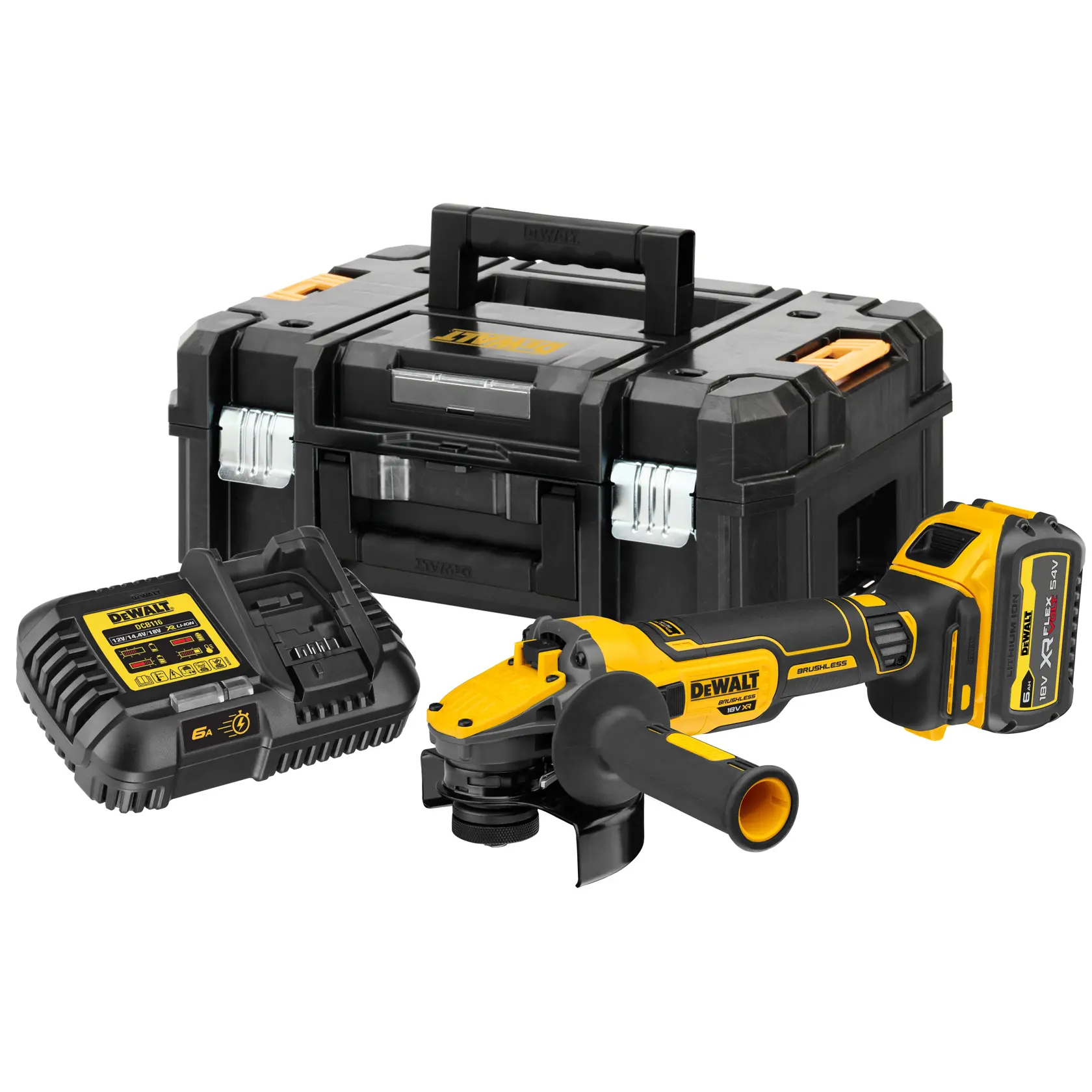 DEWALT cordless grinder kit with battery, charger, and black carrying case.