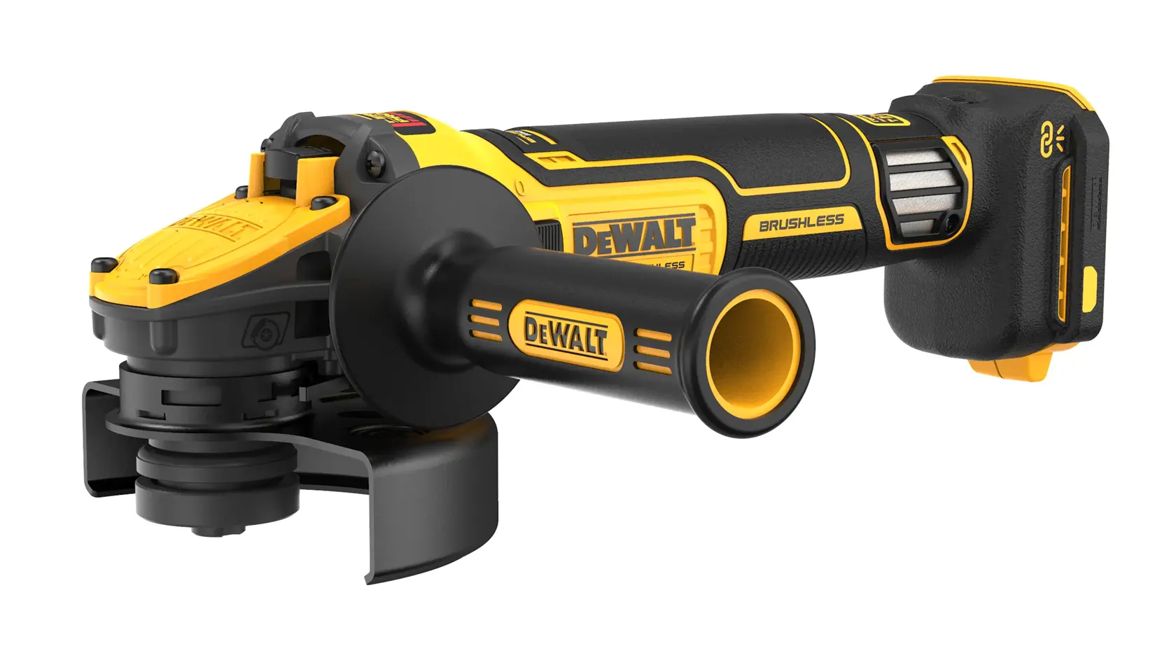 A DEWALT cordless brushless angle grinder with a side handle, black and yellow in color.