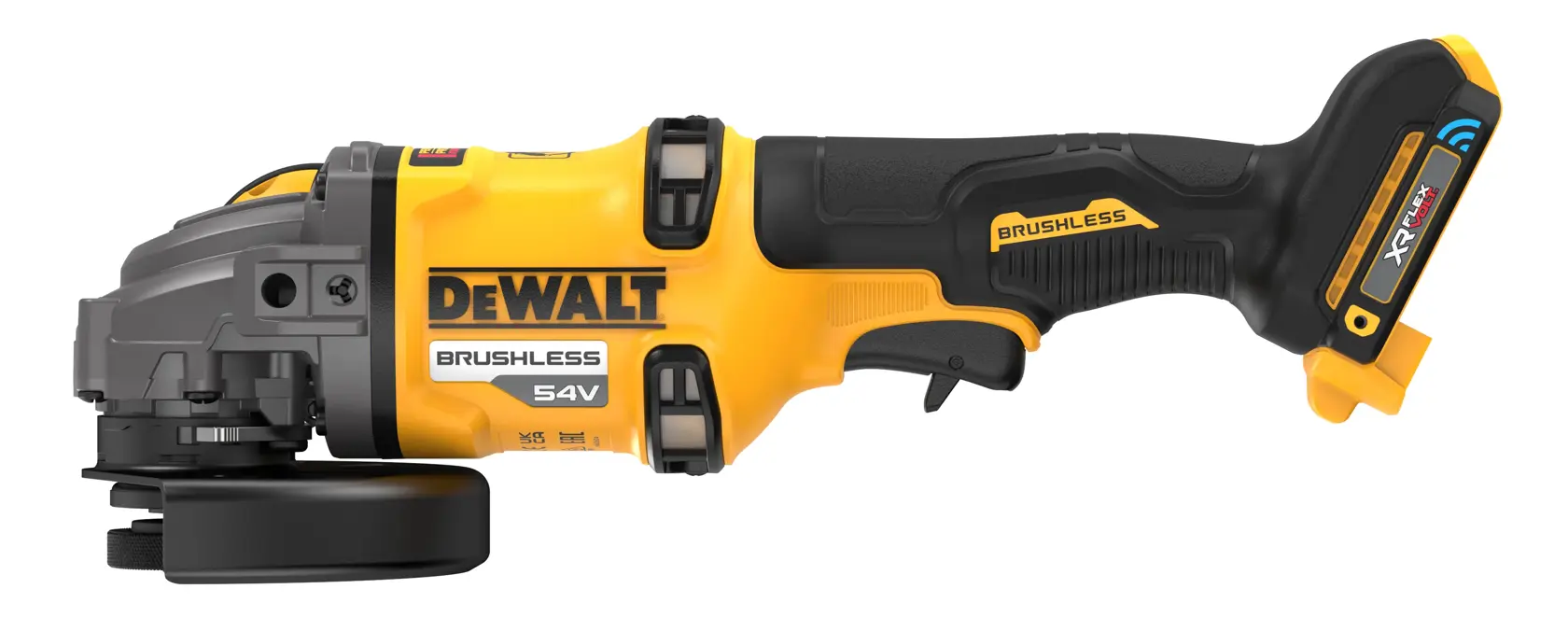 A DEWALT 54V cordless brushless angle grinder with a yellow and black design, shown from the side against a white background.