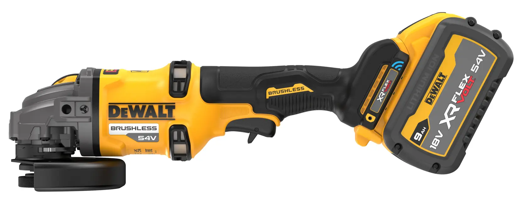 DEWALT cordless angle grinder with a brushless motor, 54V battery, and ergonomic black and yellow design.