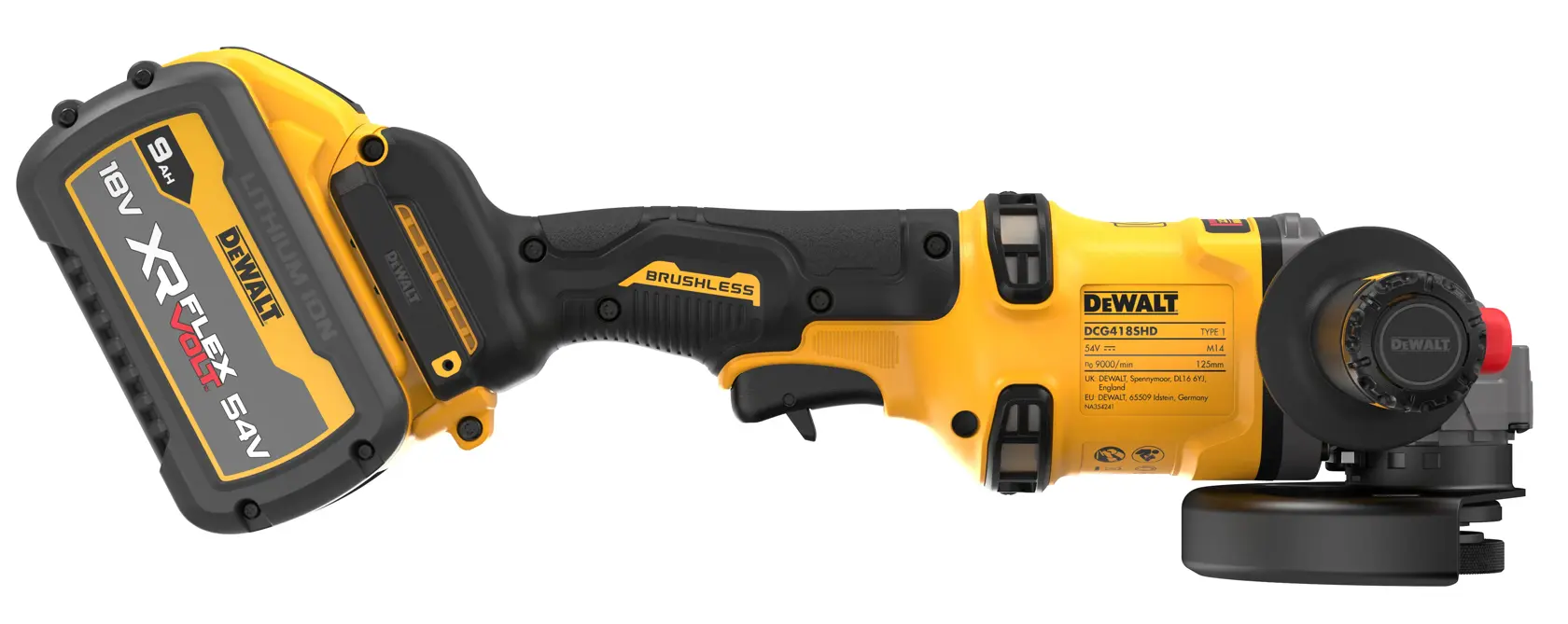 54V XR FLEXVOLT 125 mm kulmahiomakone, sivukahva turvatoiminnolla, 2 x FLEXVOLT 9,0 Ah
