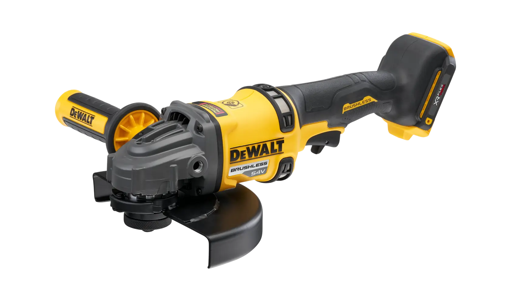 A DEWALT cordless angle grinder with a yellow and black design, brushless motor, and ergonomic handle, model DCG440N. The grinder features a side handle for extra grip and a protective guard around the disc.