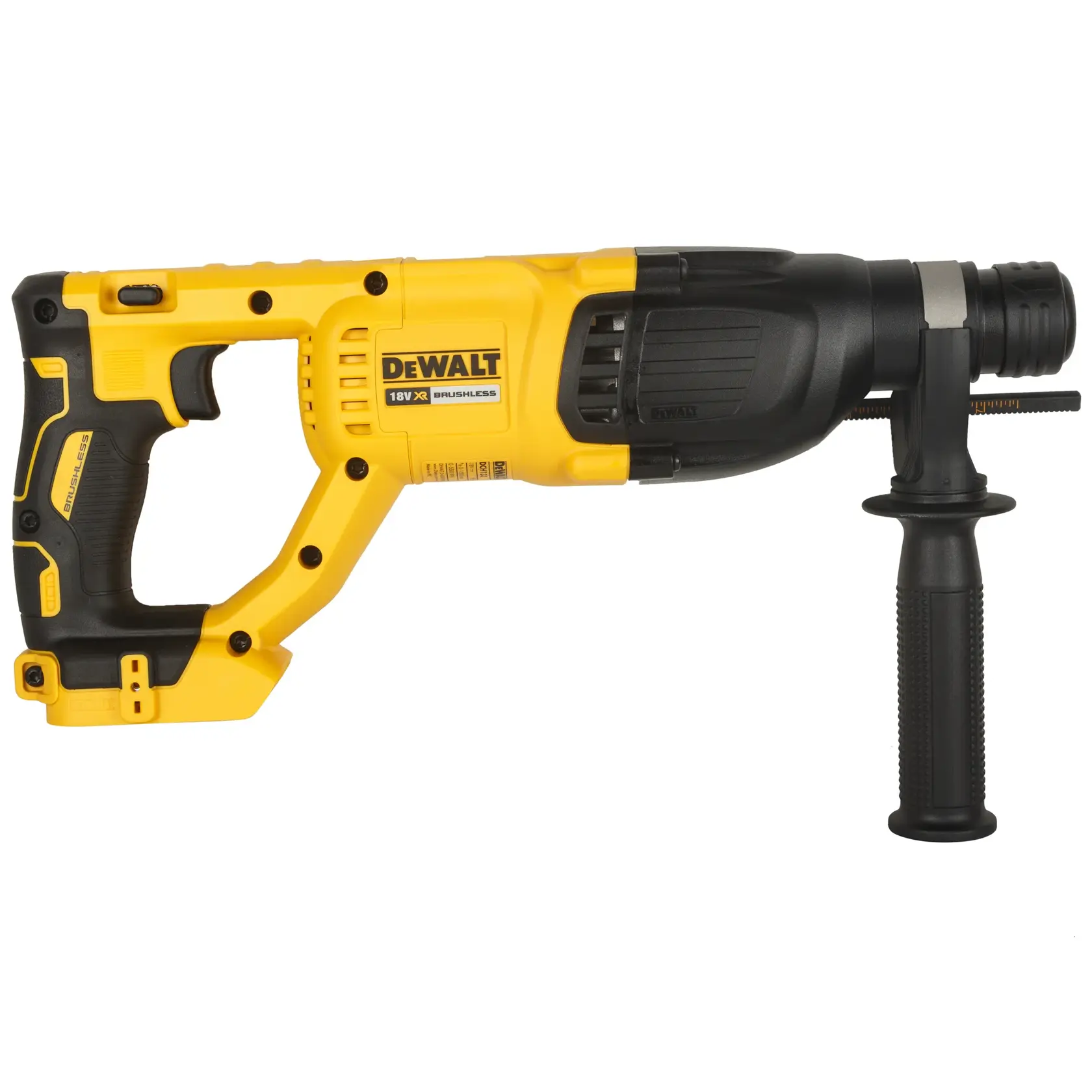 DEWALT DCH133NT-XJ rotary hammer drill, yellow and black, side view on white background.