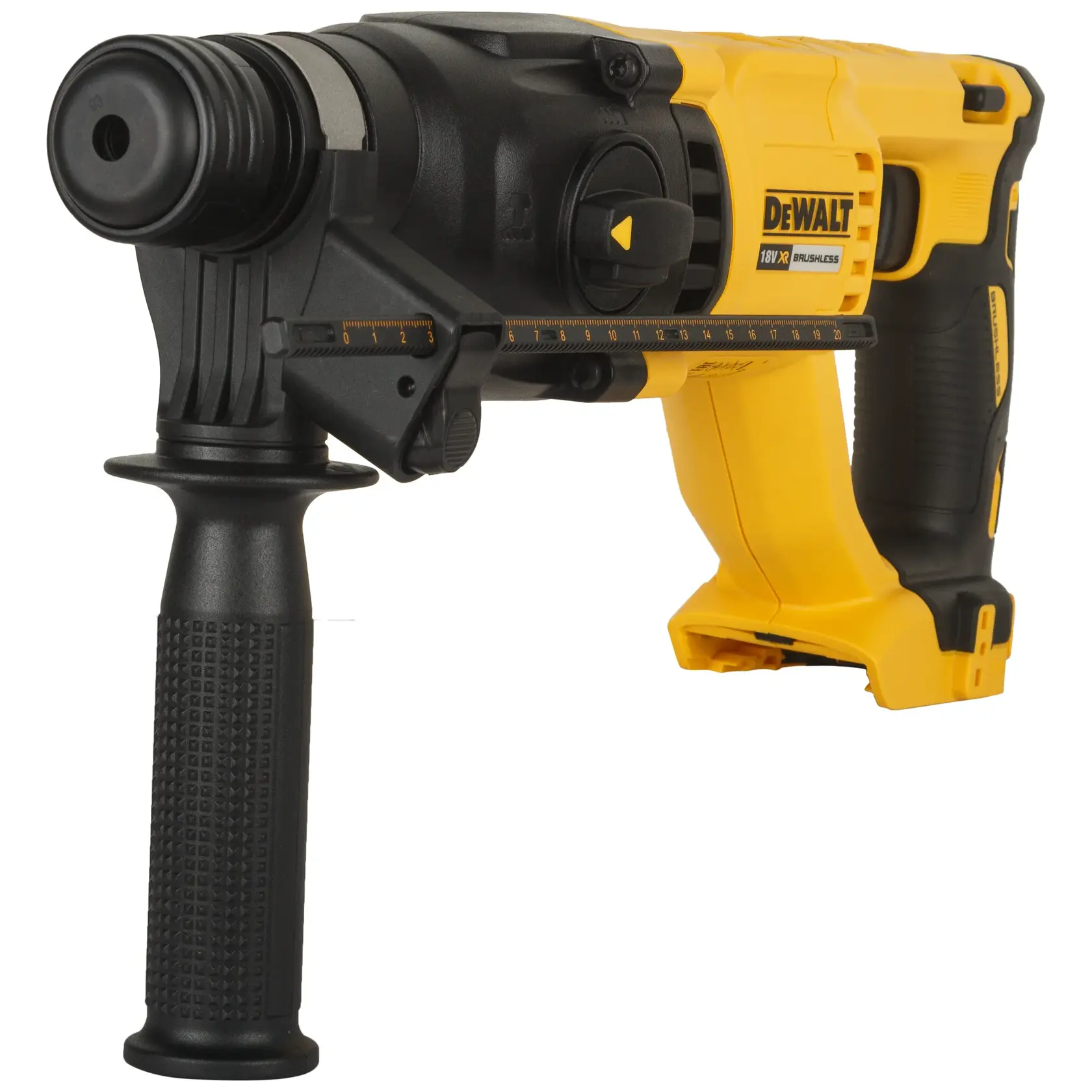 Photo of DEWALT DCH133NT-XJ cordless rotary hammer drill, yellow and black, side angle on white background.